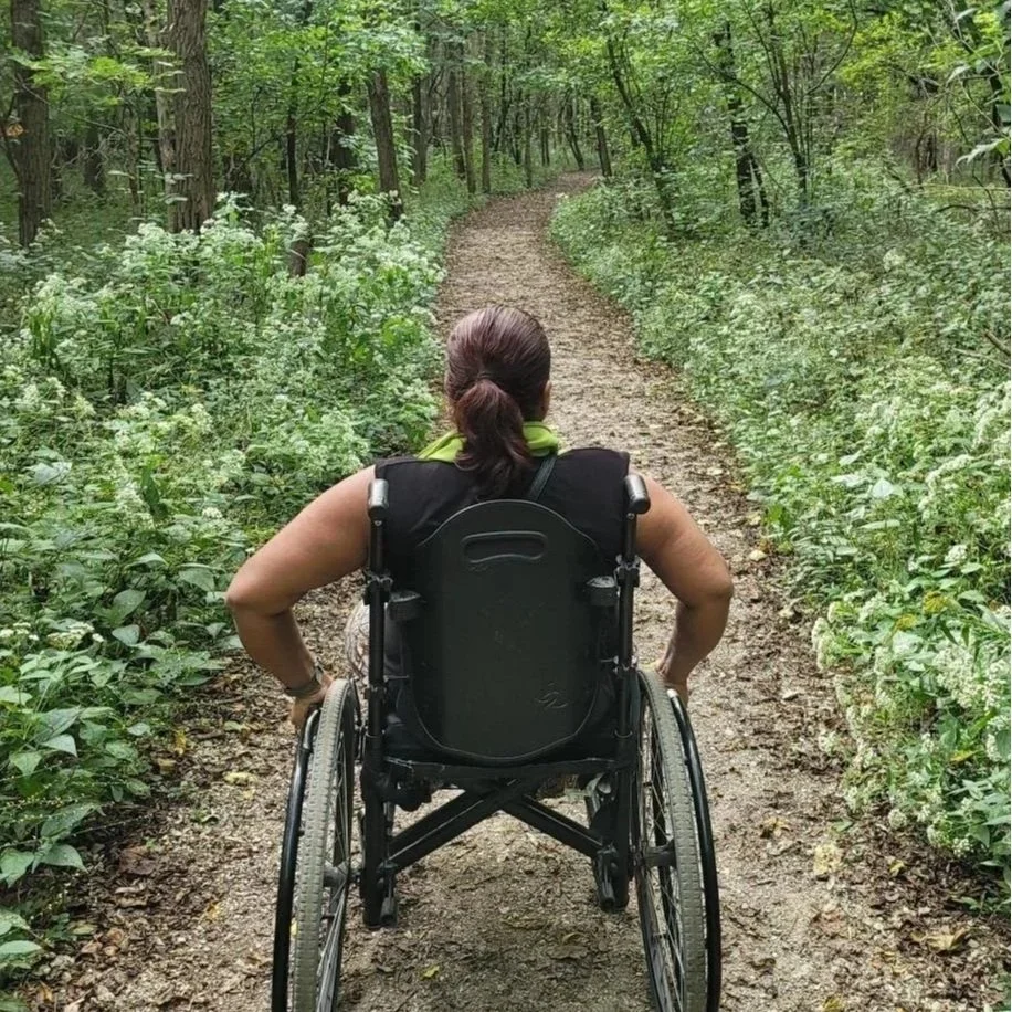 Viewing a person in a wheelchair from the back as she's looking down a forest trail.