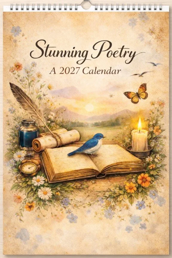 Calendar cover for Stunning Poetry: A 2027 Calendar. The image features a setting sun in the background and a bluebird and butterfly in the foreground. There is a lit candle and a quill pen.