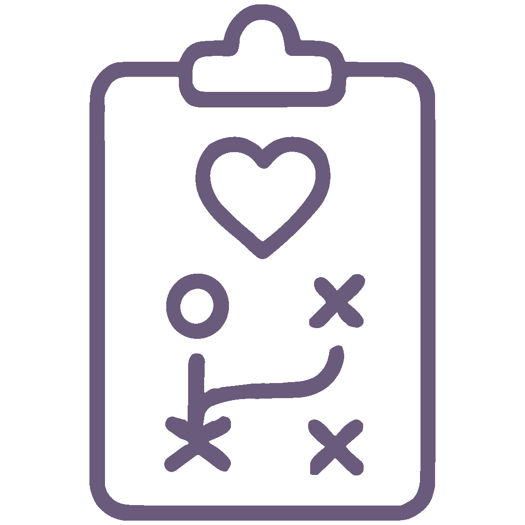 Outline of a clipboard with a heart and a game strategy diagram including X's and O's.