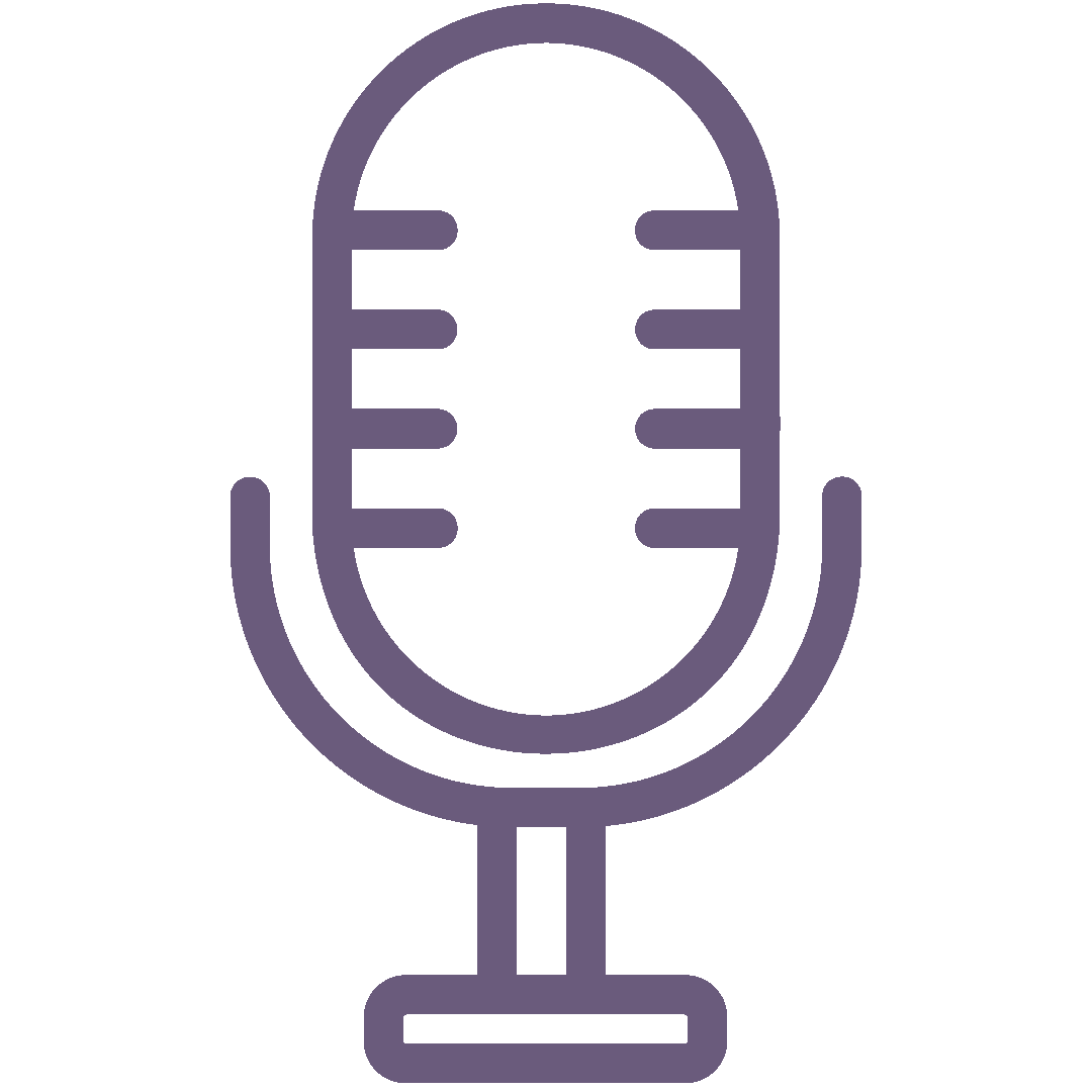 Icon of a vintage microphone with a purple outline.