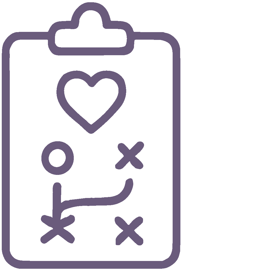 Outline drawing of a clipboard with a heart, circles, and X marks connected by lines, resembling a strategy or game plan.