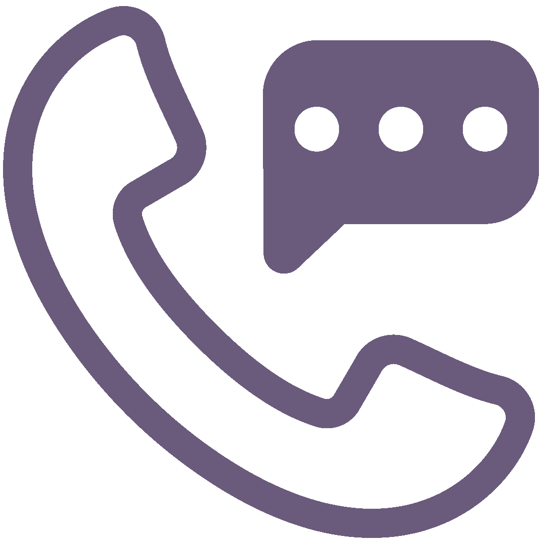 Icon of a classic telephone handset with a speech bubble containing three dots, all in purple.