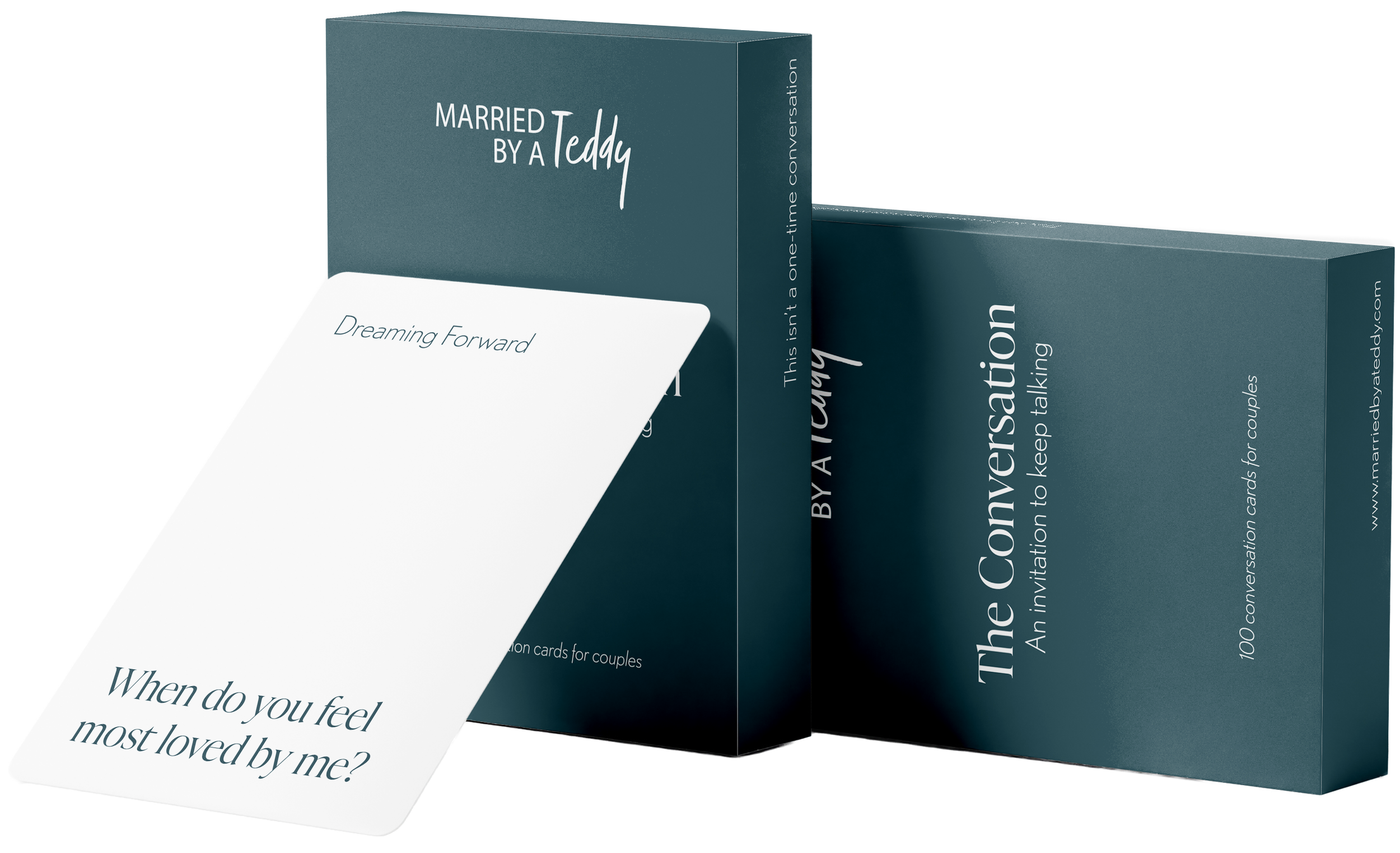 A deck of conversation cards for couples titled "The Conversation" by A. Conversation. The cards are in a white box with a blue-green lid, with one card partially pulled out that reads, "When do you feel most loved by me?" and another card reads, "Dreaming Forward."