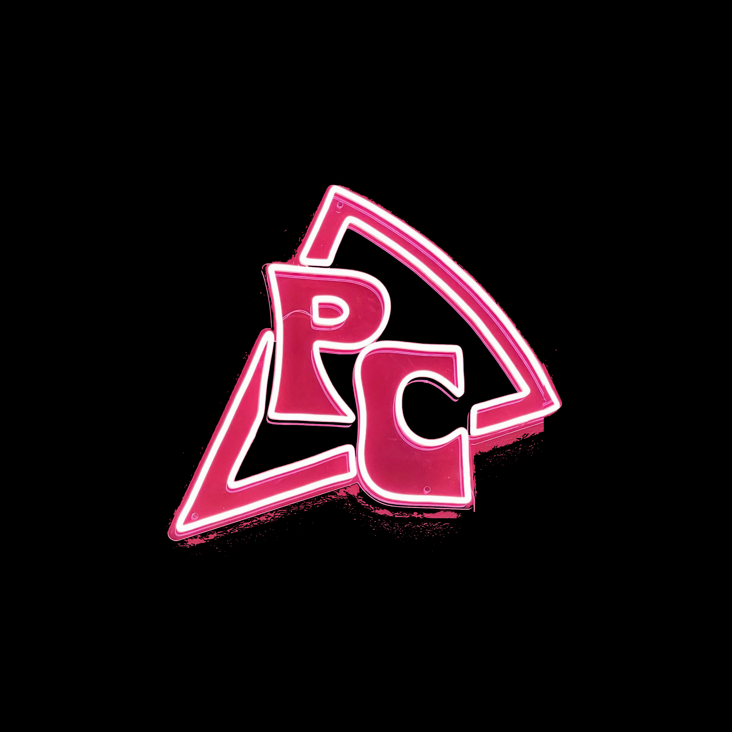 Pink neon sign with overlapping 3D letters P, C, and a triangular shape in the background, glowing against a black background.
