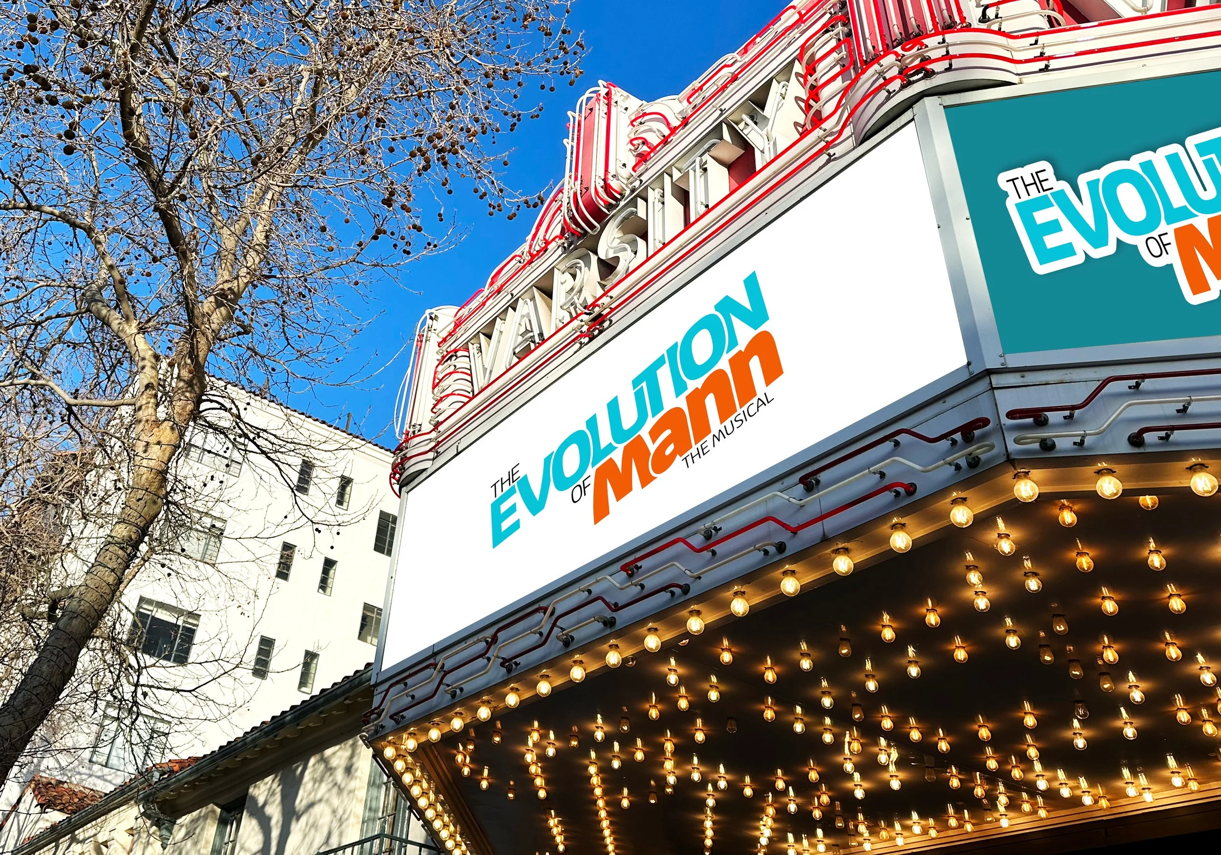Marquee sign for the musical 'The Evolution of Mankind' on a theater building, with string lights underneath and leafless trees against a bright blue sky.