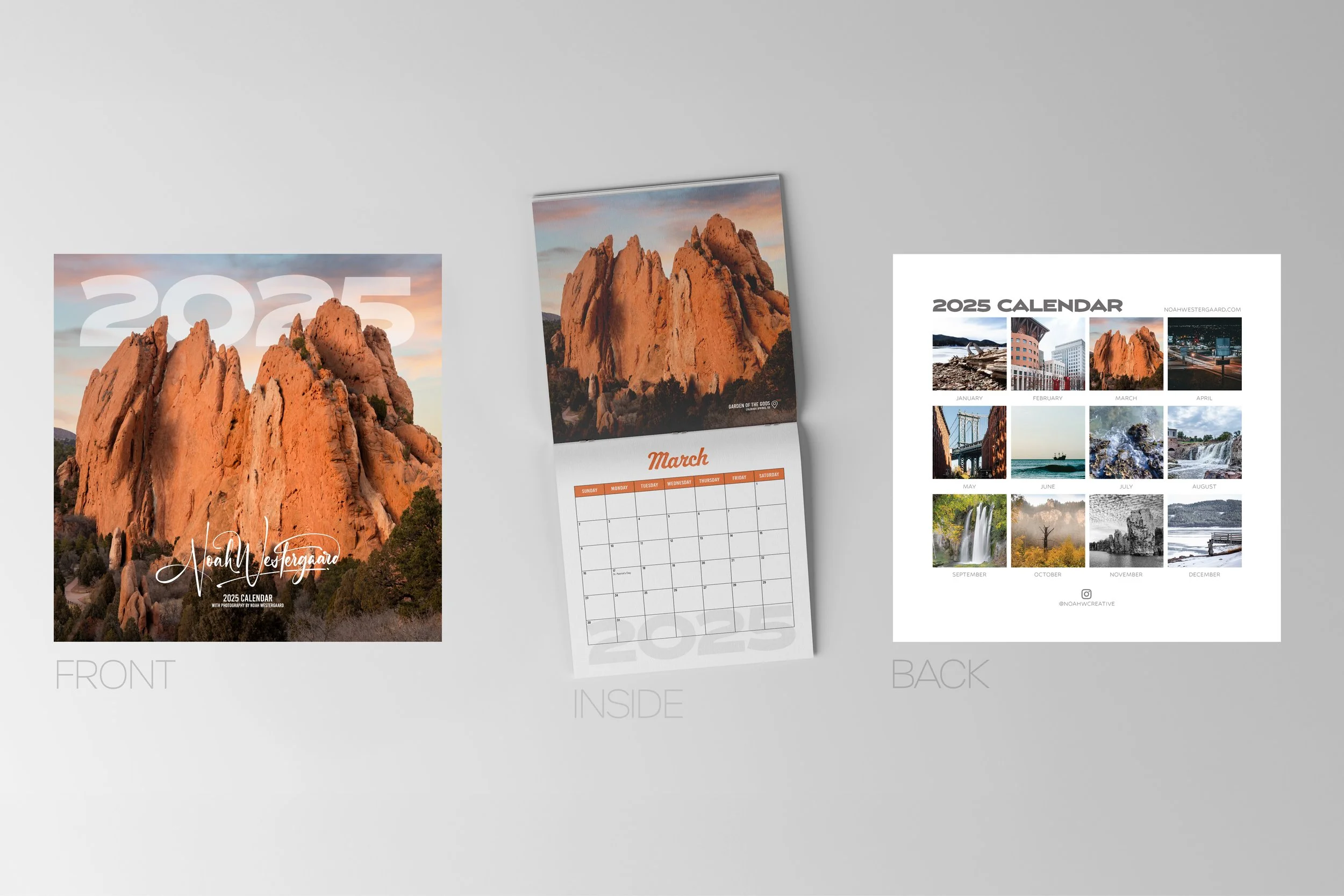 2025 calendar featuring a photo of orange rocky mountains on the front cover. The inside displays a March calendar grid, and the back shows a grid of twelve monthly photos, including landscapes and cityscapes.