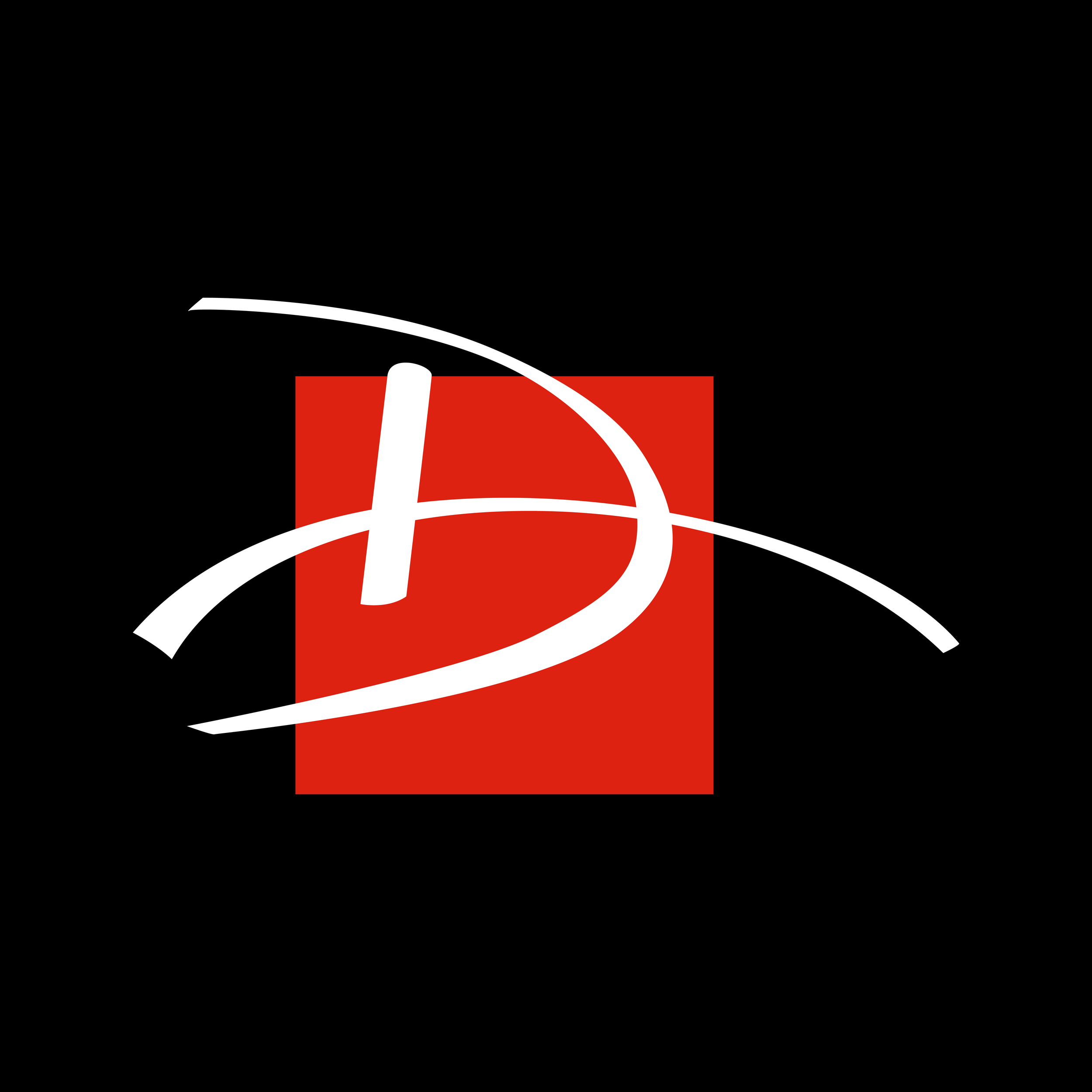 Black background with a red square in the center, featuring a stylized white letter D with curved lines crossing behind it, resembling a logo.