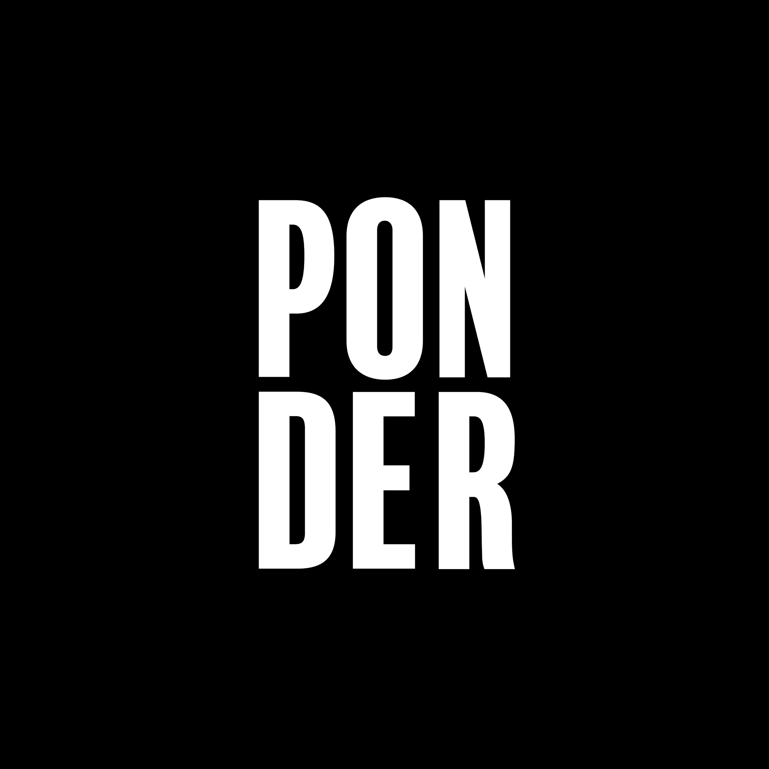 Black and white image with the phrase "PONDER" in bold, white letters centered on a black background.