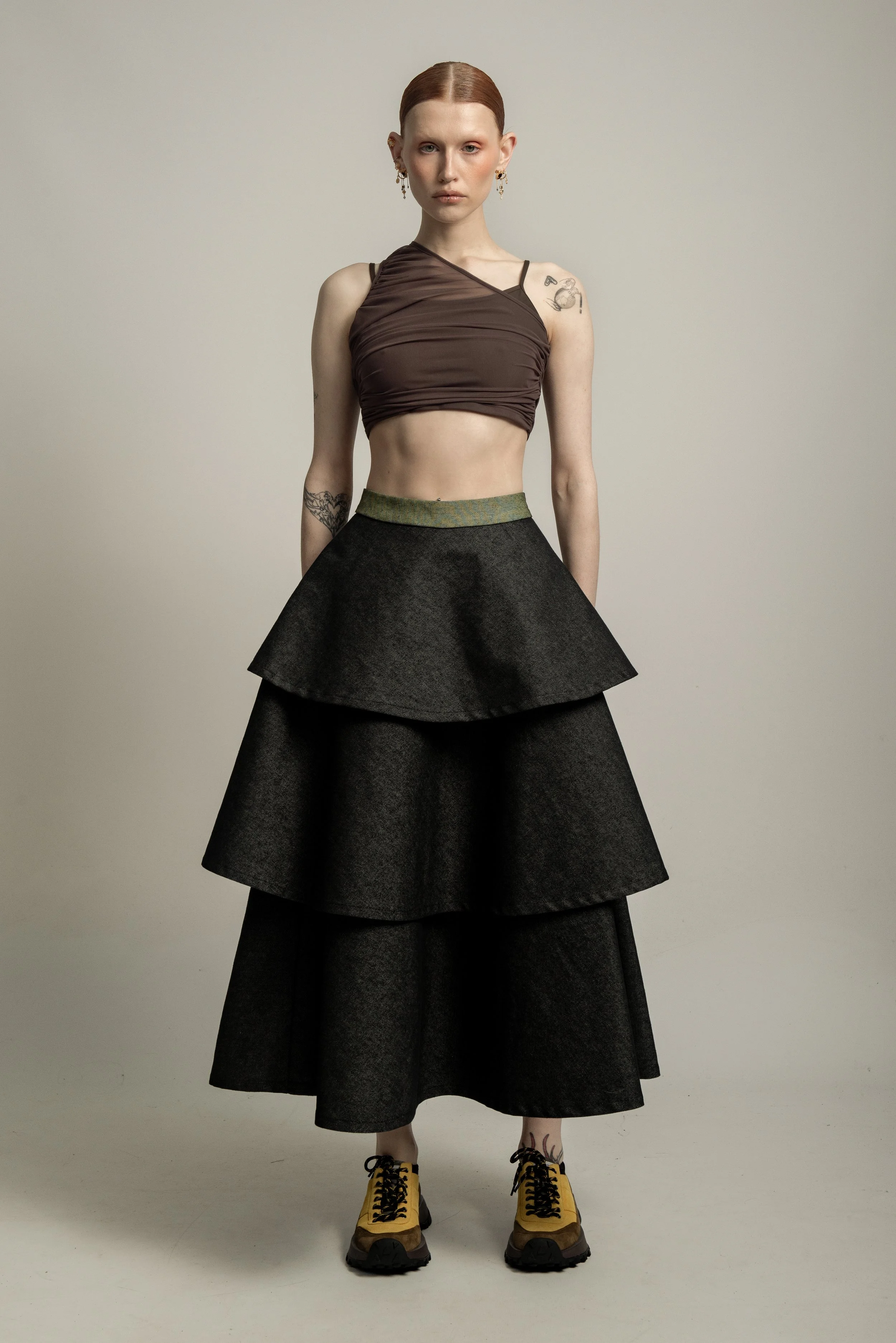 VAN BRUSSEL Juno Denim Tiered Skirt in Midnight Neon