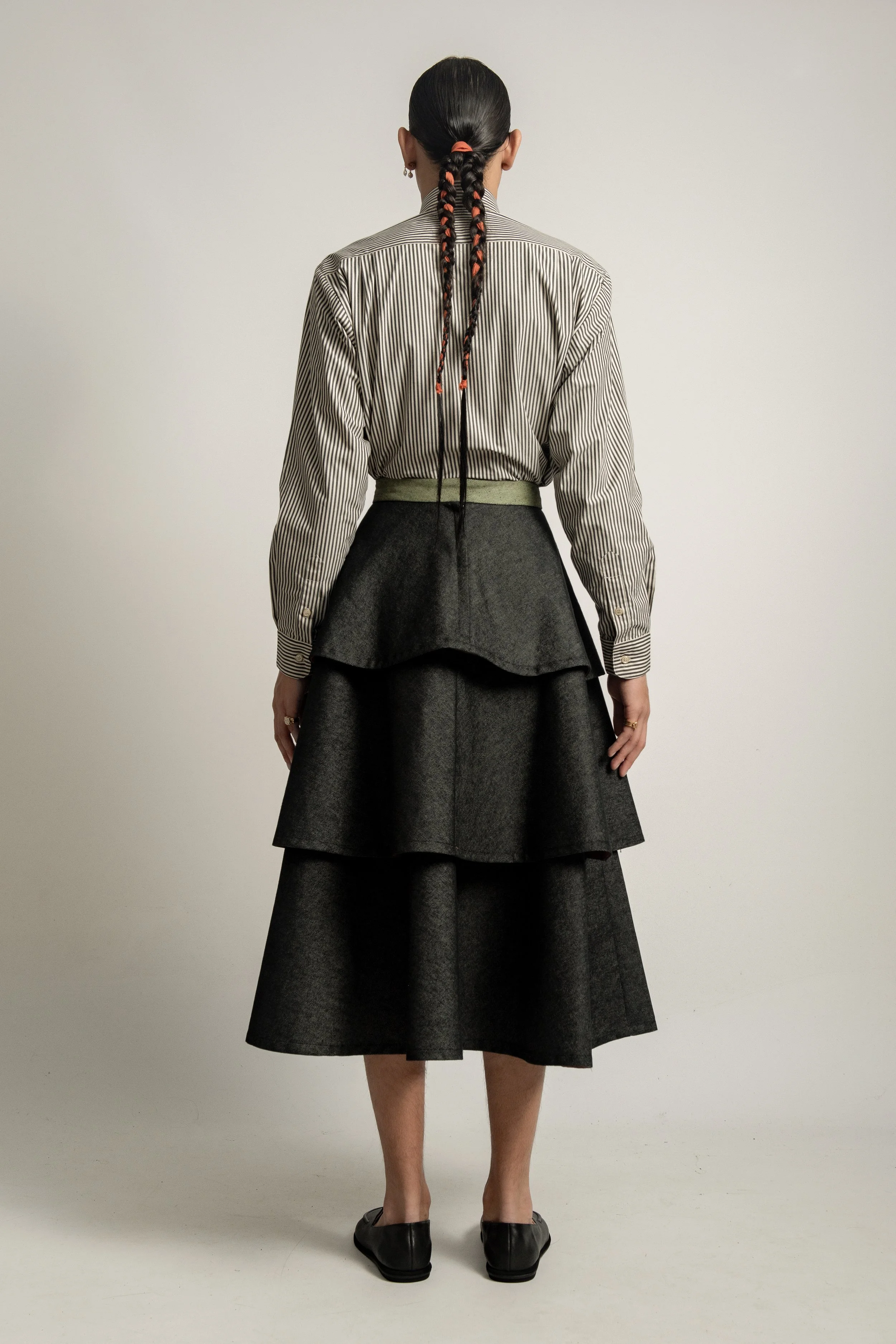 VAN BRUSSEL Juno Denim Tiered Skirt in Midnight Neon