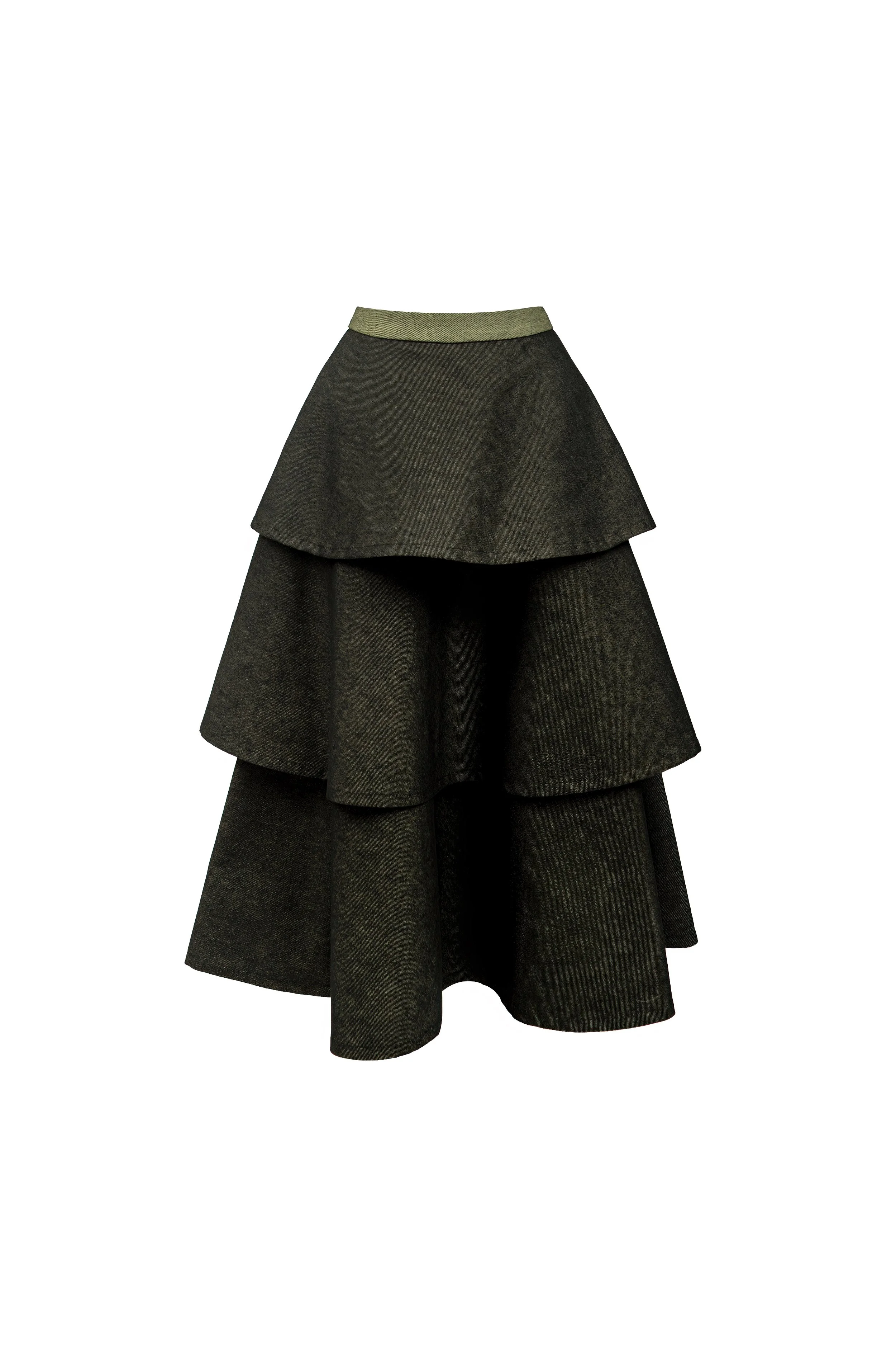 VAN BRUSSEL Juno Denim Tiered Skirt in Midnight Neon
