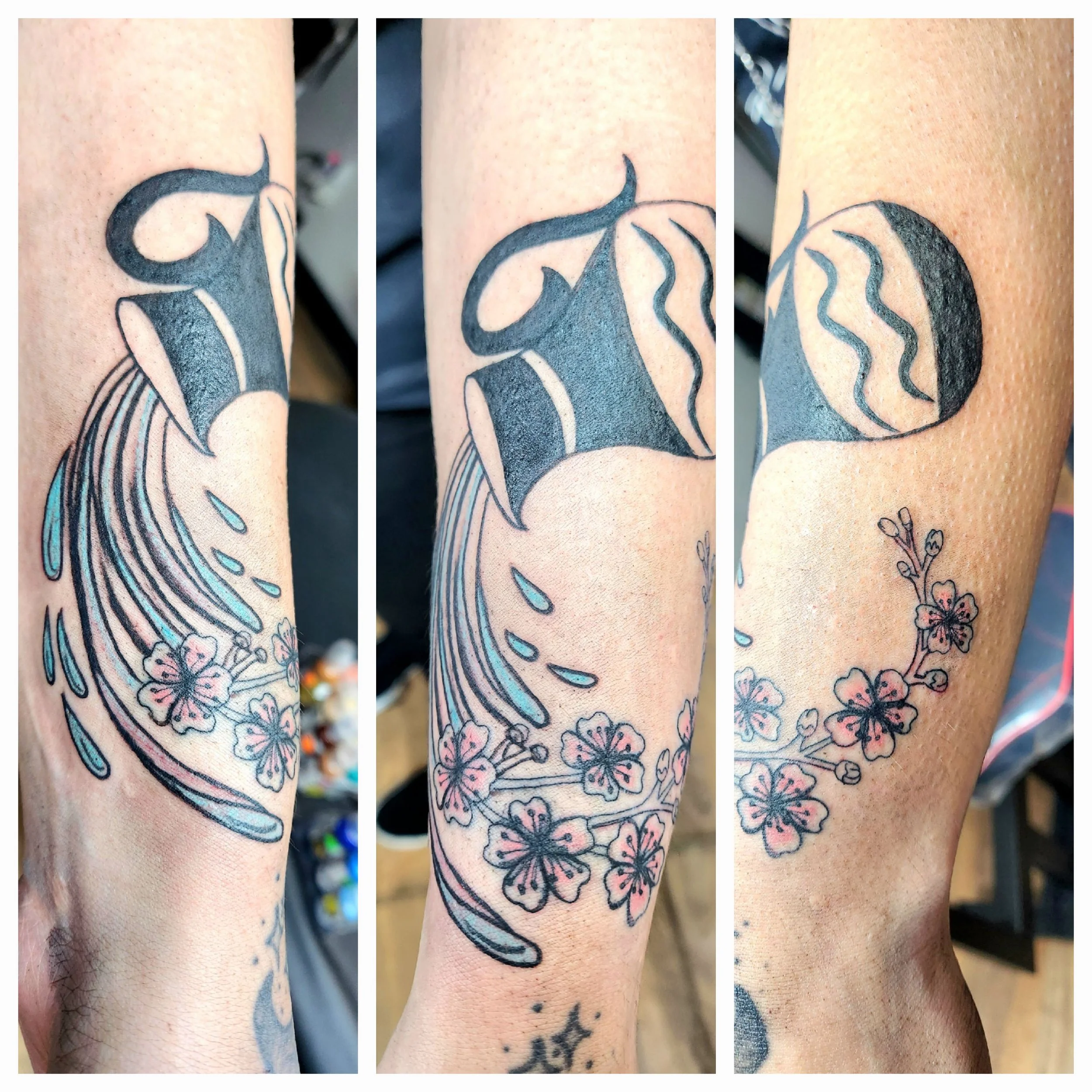 Tattoo of an aquarius water jug with the corresponding zodiac symbol on the front of it, pouring water and turning into cherry blossoms.