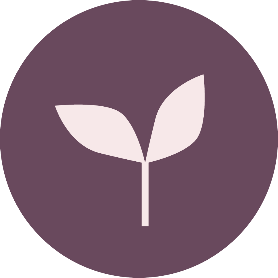 A minimalistic icon of a young plant with two leaves on a dark purple circular background.