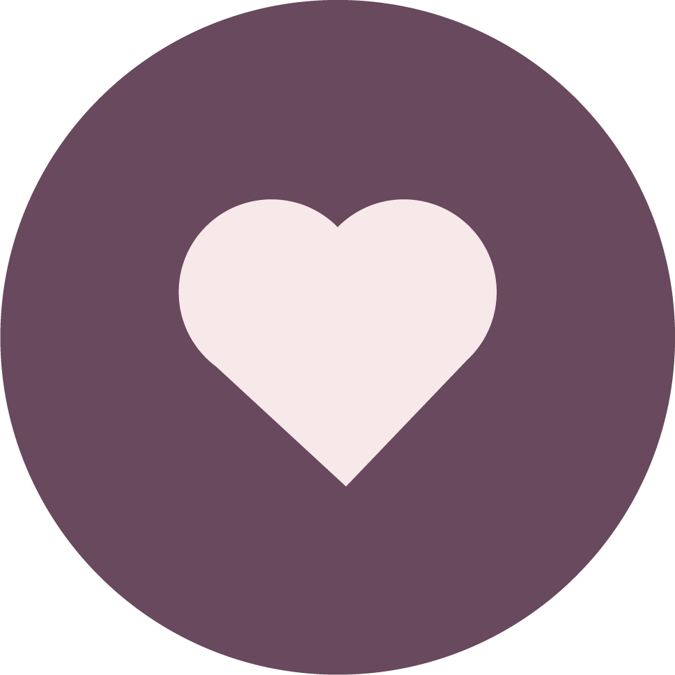 A white heart icon on a purple circular background.