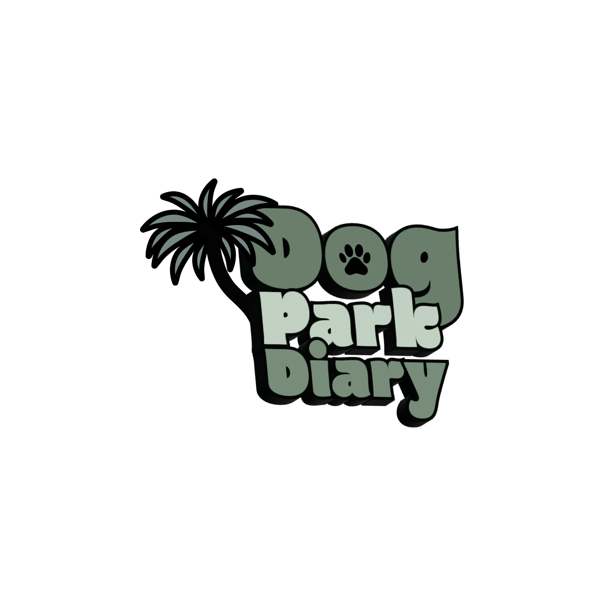 Logo for 'Dog Park Diary' featuring a palm tree and stylized text with a paw print in the letter 'o'.