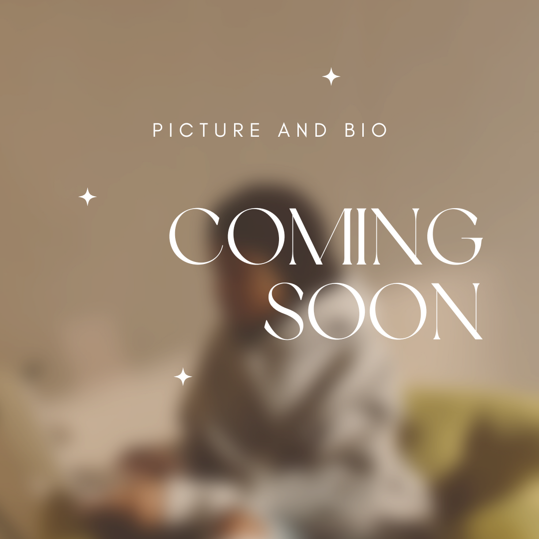 Blurred background with the text 'Picture and Bio Coming Soon' in white, decorative font, and small star icons.