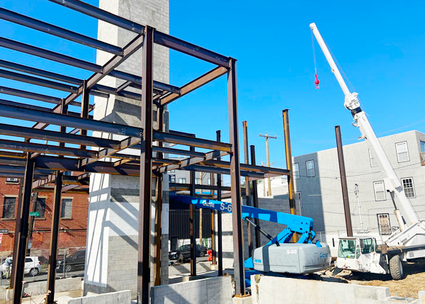 Steel framing under construction at 945 Frankford Avenue in Philadelphia.