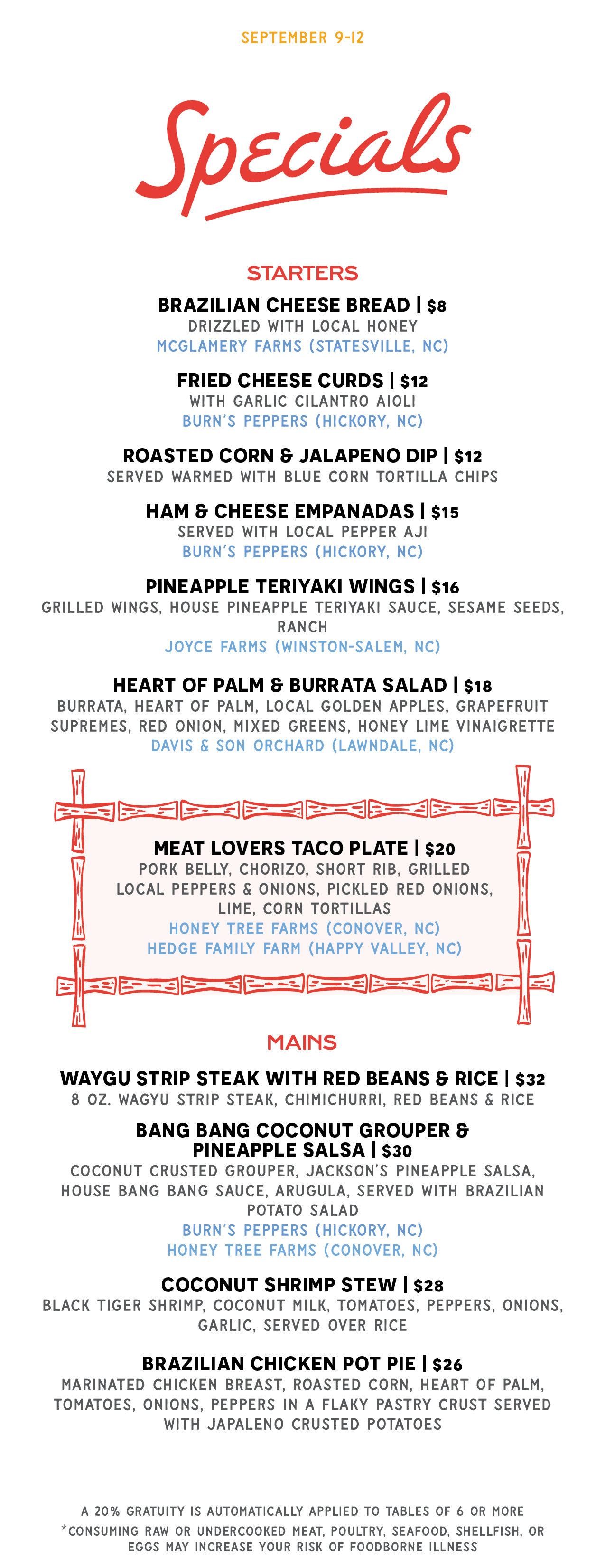 Menu of specials including starters, mains, and details about each dish with prices, ingredients, and local farm sources, as well as an announcement for a gratuity policy.
