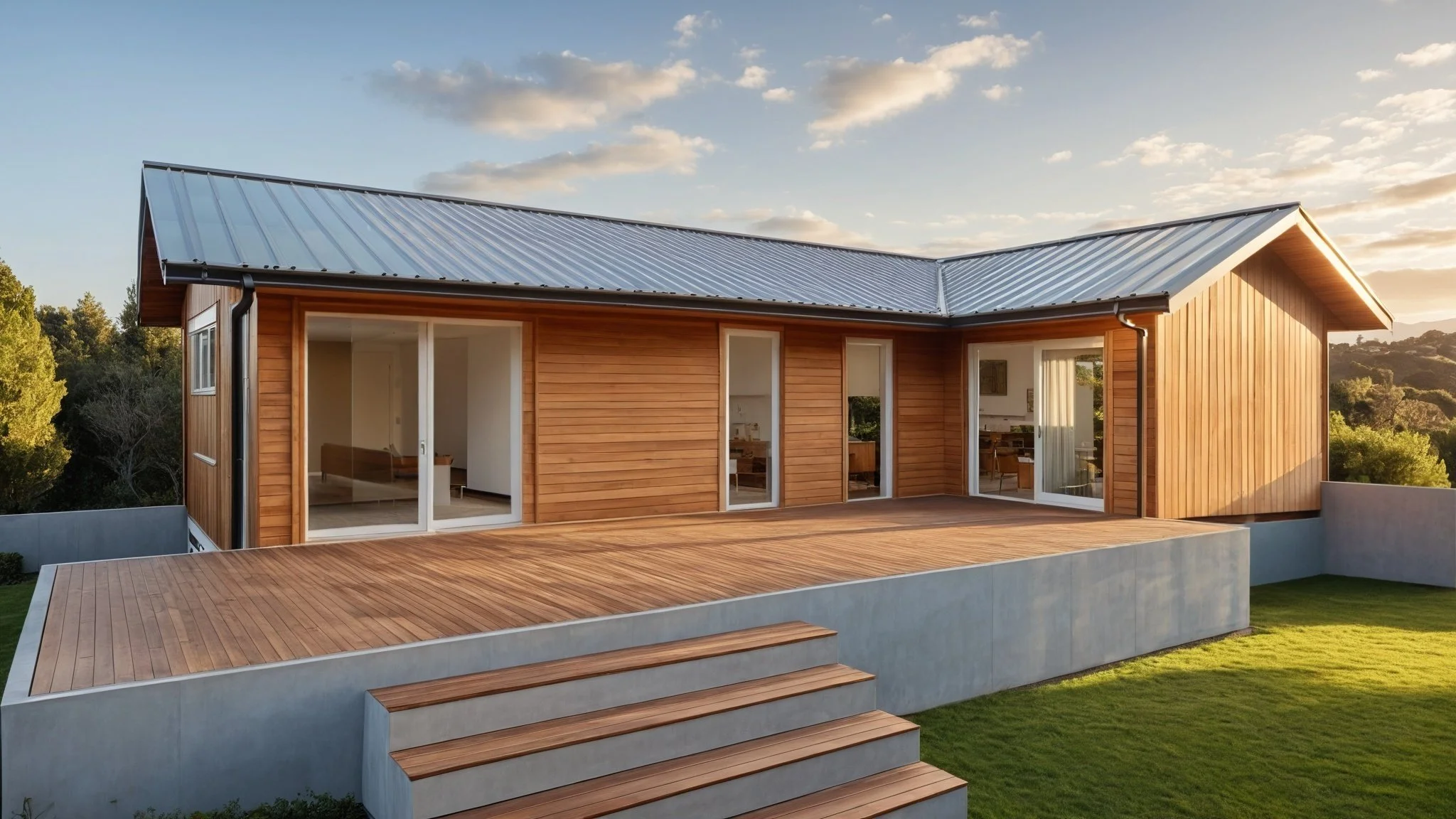 Modern wood-sided house with large deck and lawn. Transportable home. Secondary Dwelling Company.