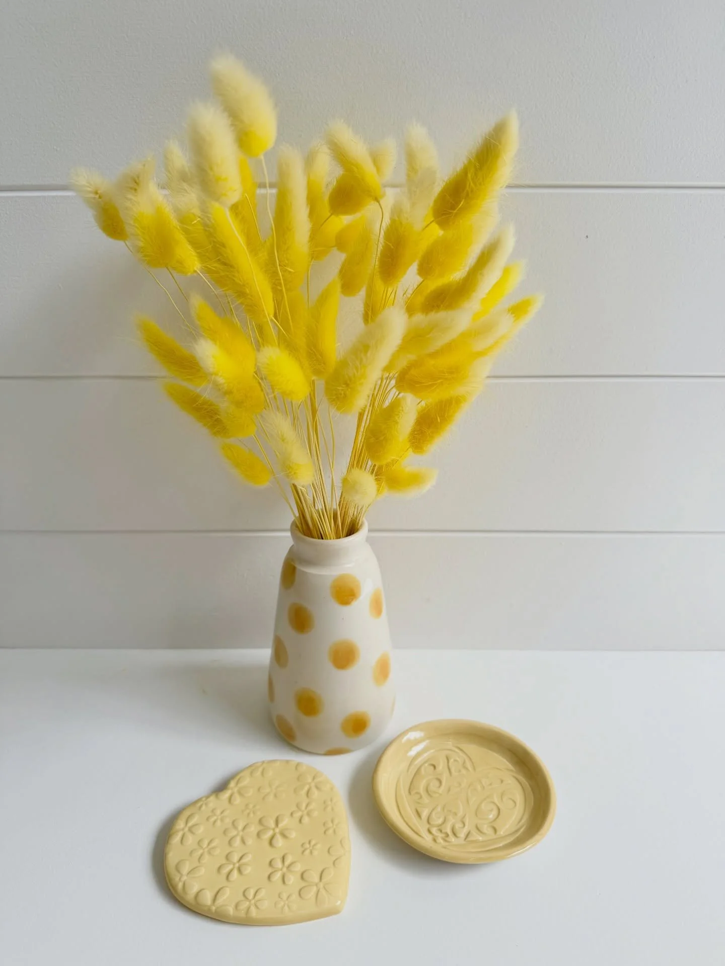 Bright sunshine yellow ceramics with cute as bunny tails from @pompom_florals  Heading to the @wonder_markets Dec 6th 💛