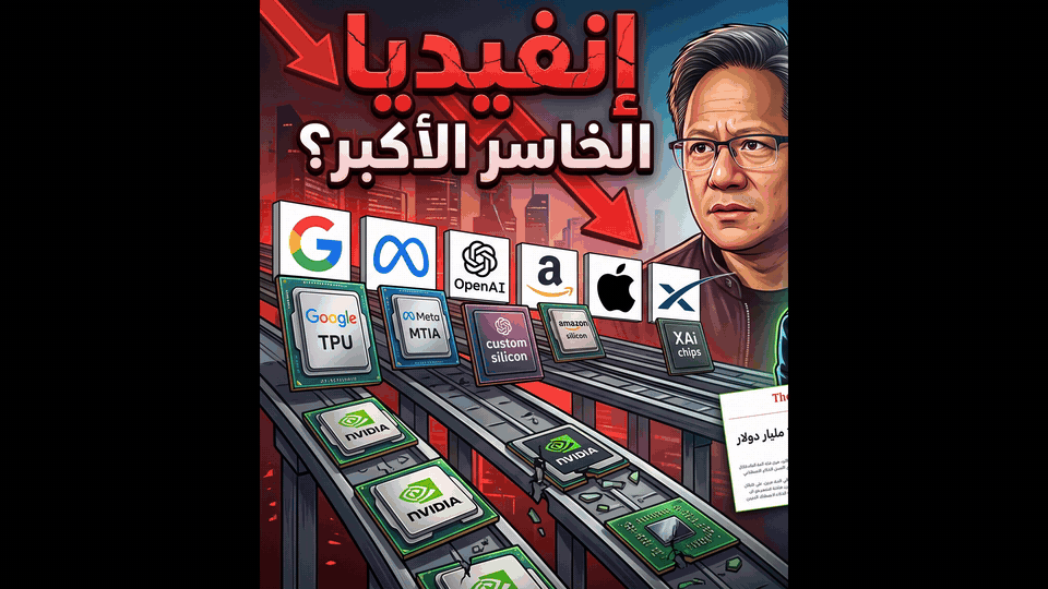صورة توضيحية بعنوان «إنفيديا: الخاسر الأكبر؟» تظهر فيها شعارات Google وMeta وOpenAI وAmazon وApple وxAI بجوار شرائحها الخاصة