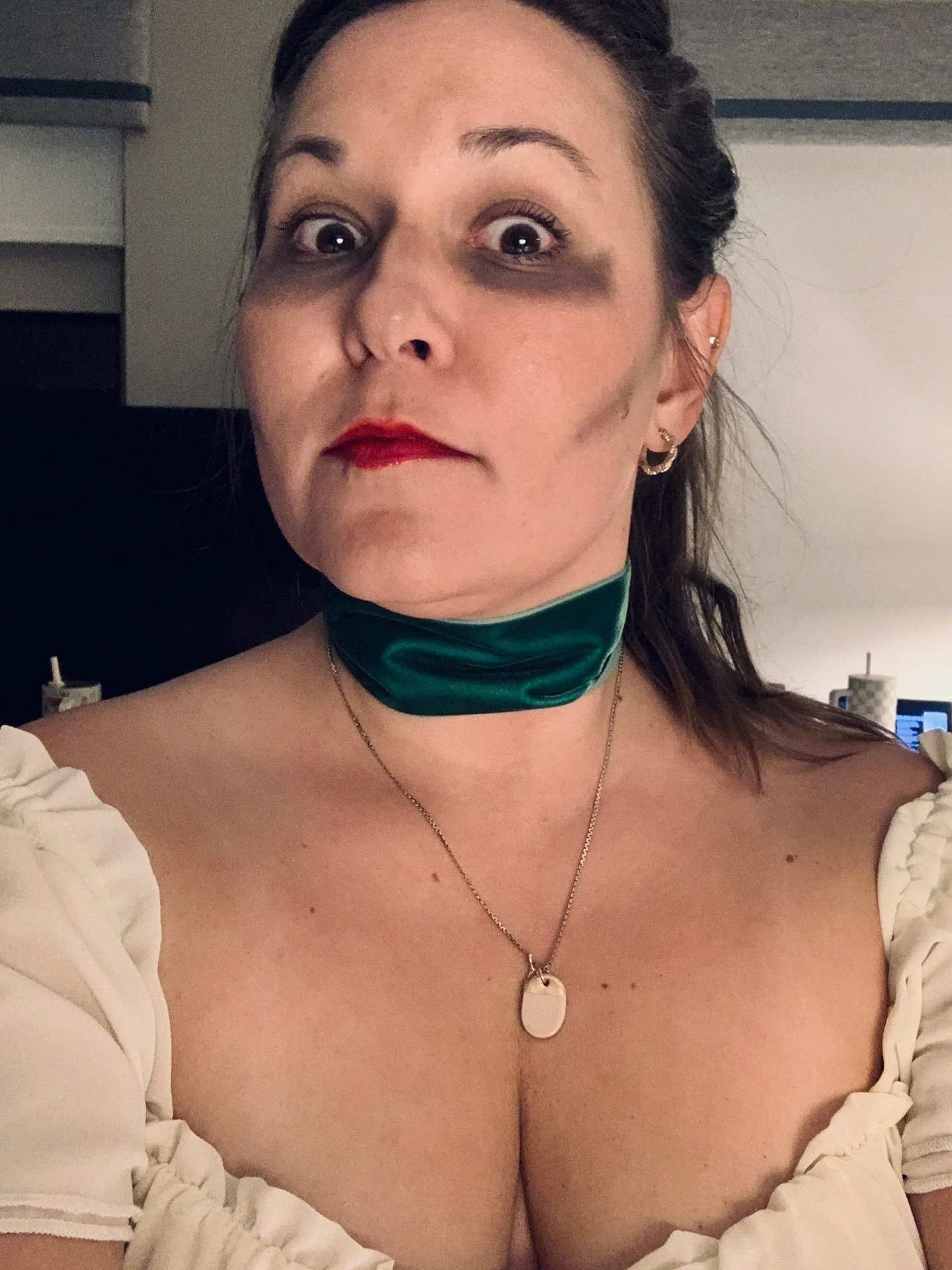 &ldquo;Why do you wear that green ribbon around your neck?&rdquo; 

(((My costume for the Book Harvest costume party)))