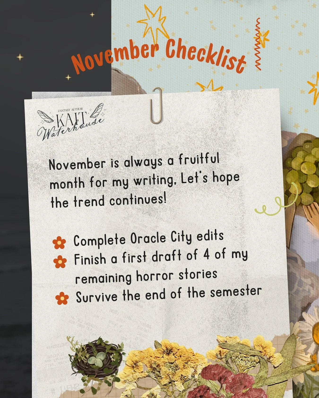 November is novel writing month, but I think my 50k words will be scattered amongst research papers, edits, and short stories this time around. 

What are you working on this month? I&rsquo;d love to know! 

#novembercheckin #checklist #authorlife #t