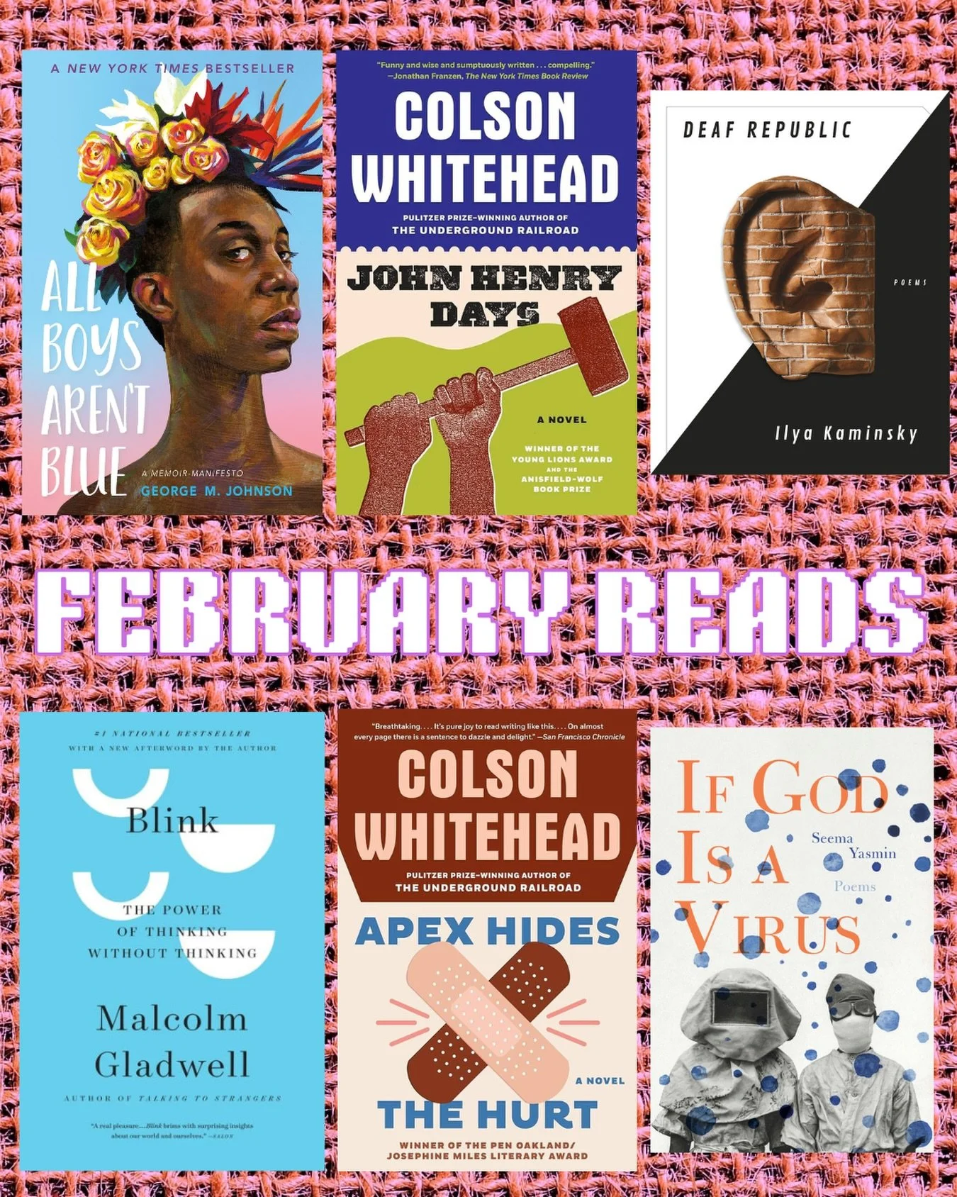 I also read at least 30 amazingly wonderful picture books that have been the target of censorship or banning in the US. 

I&rsquo;m taking a genre study class, and in it we are reading 9 of Colson Whitehead&rsquo;s novels in order of publication. We 