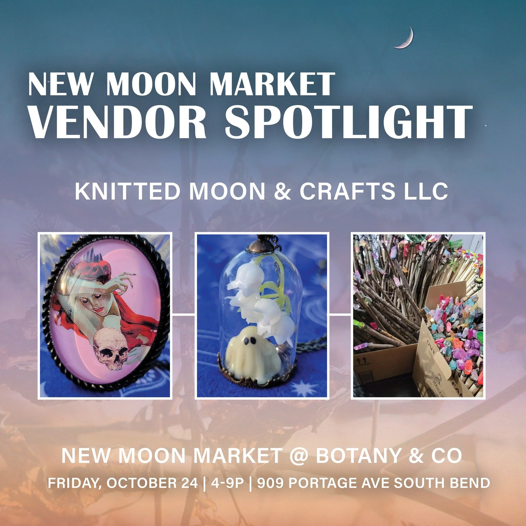 We're cruising closer to market day, so let's shout out another local vendor and artist! Help us welcome @knittedmoonandcraftsllc to the New Moon Market. When you visit this merchant, you can find one-of-a-kind hand-crafted jewelry, pendants and knit