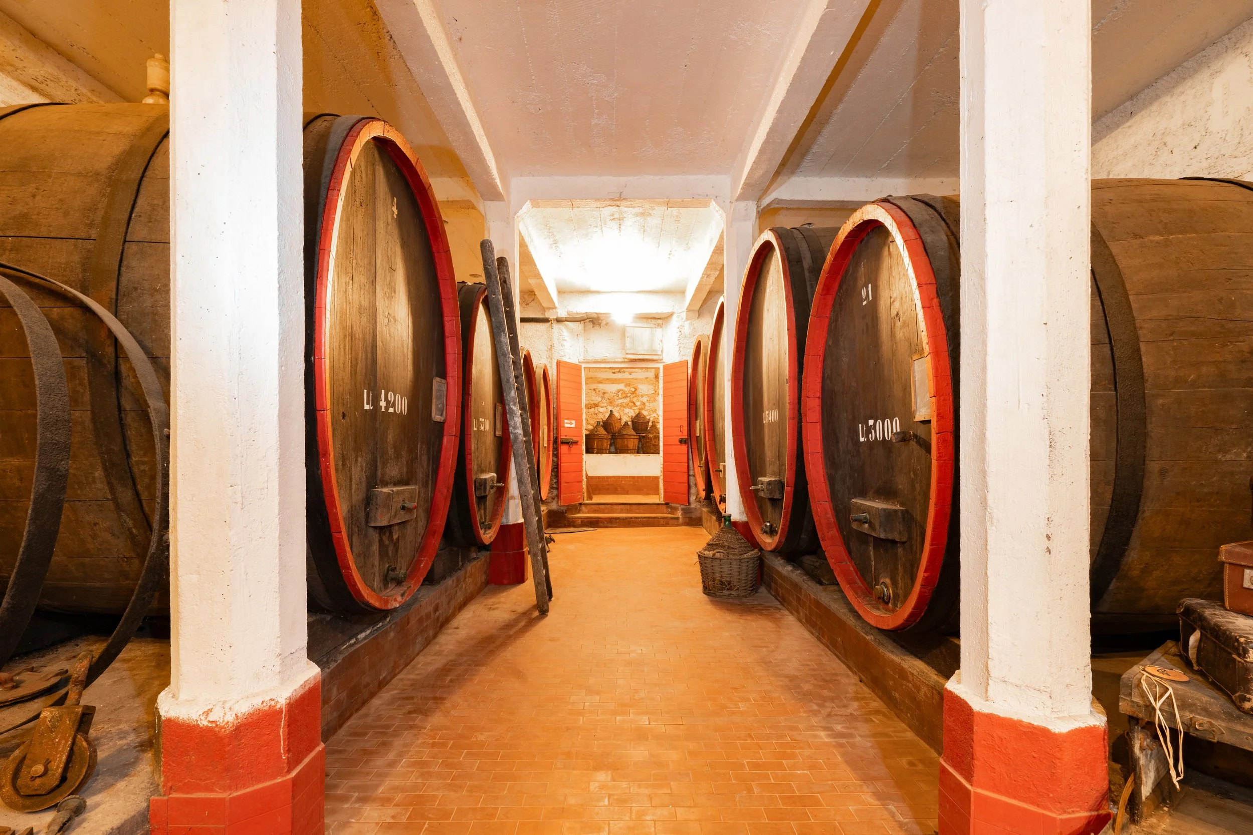 Wine cellar with large wooden wine barrels lined up on both sides of a brick floor corridor, with white walls and ceiling, and a back wall with a small door and decorations.