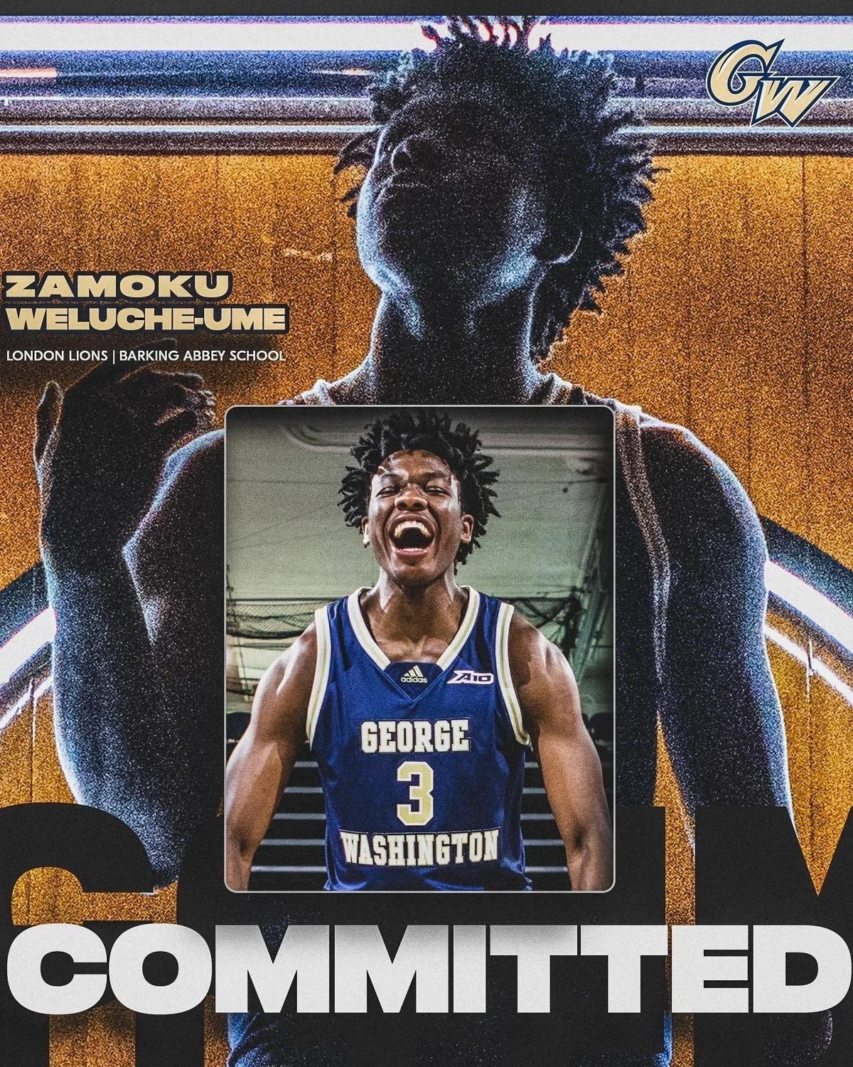 Promotional poster featuring a large silhouette of a basketball player with dreadlocks and a close-up photo of a smiling young male basketball player wearing a blue George Washington University jersey with the number 3, and the word 'COMMITTED' at the bottom.