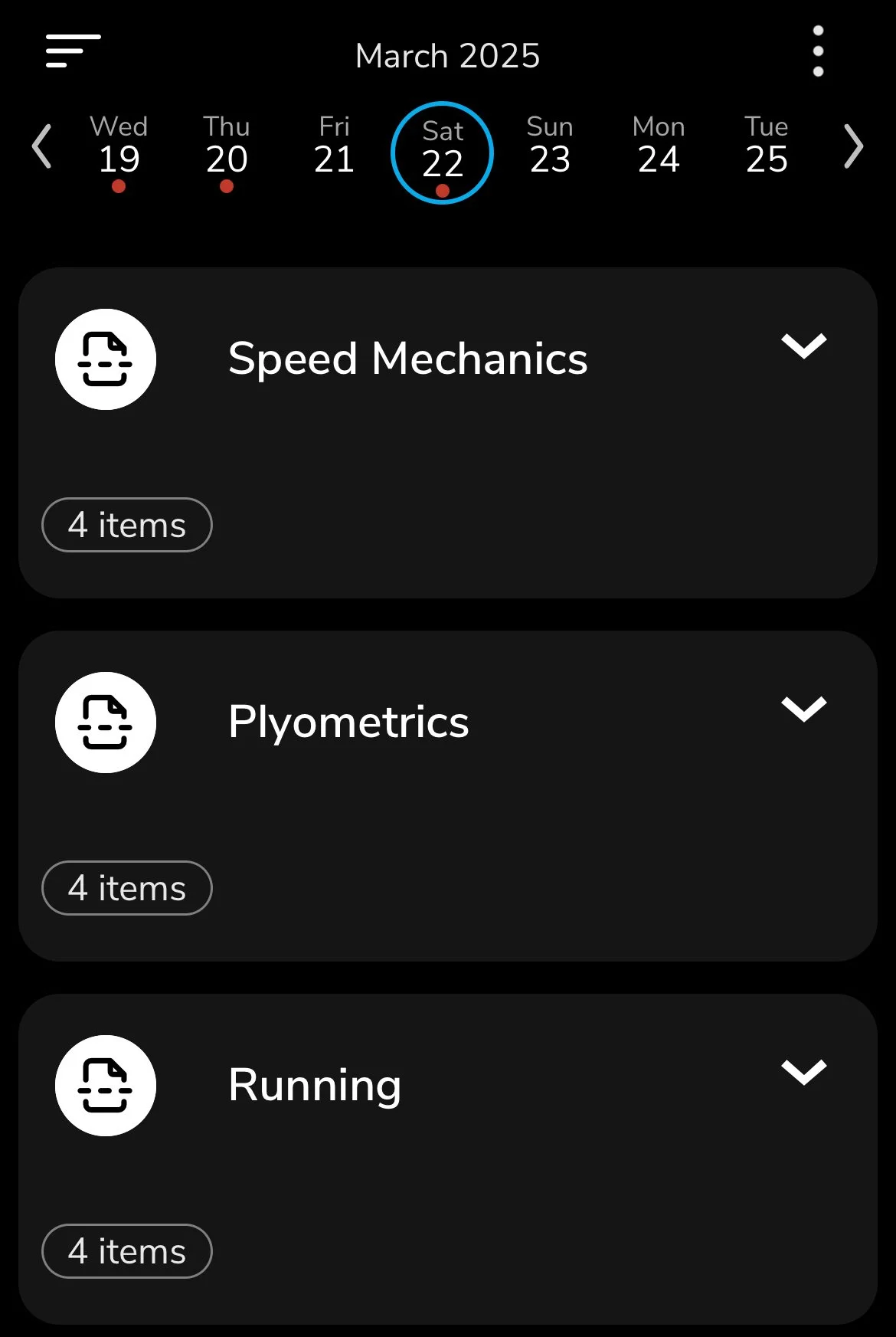 Calendar view displaying March 2025 with selected date of Saturday the 22nd, along with menu options for Speed Mechanics, Plyometrics, and Running, each showing four items.
