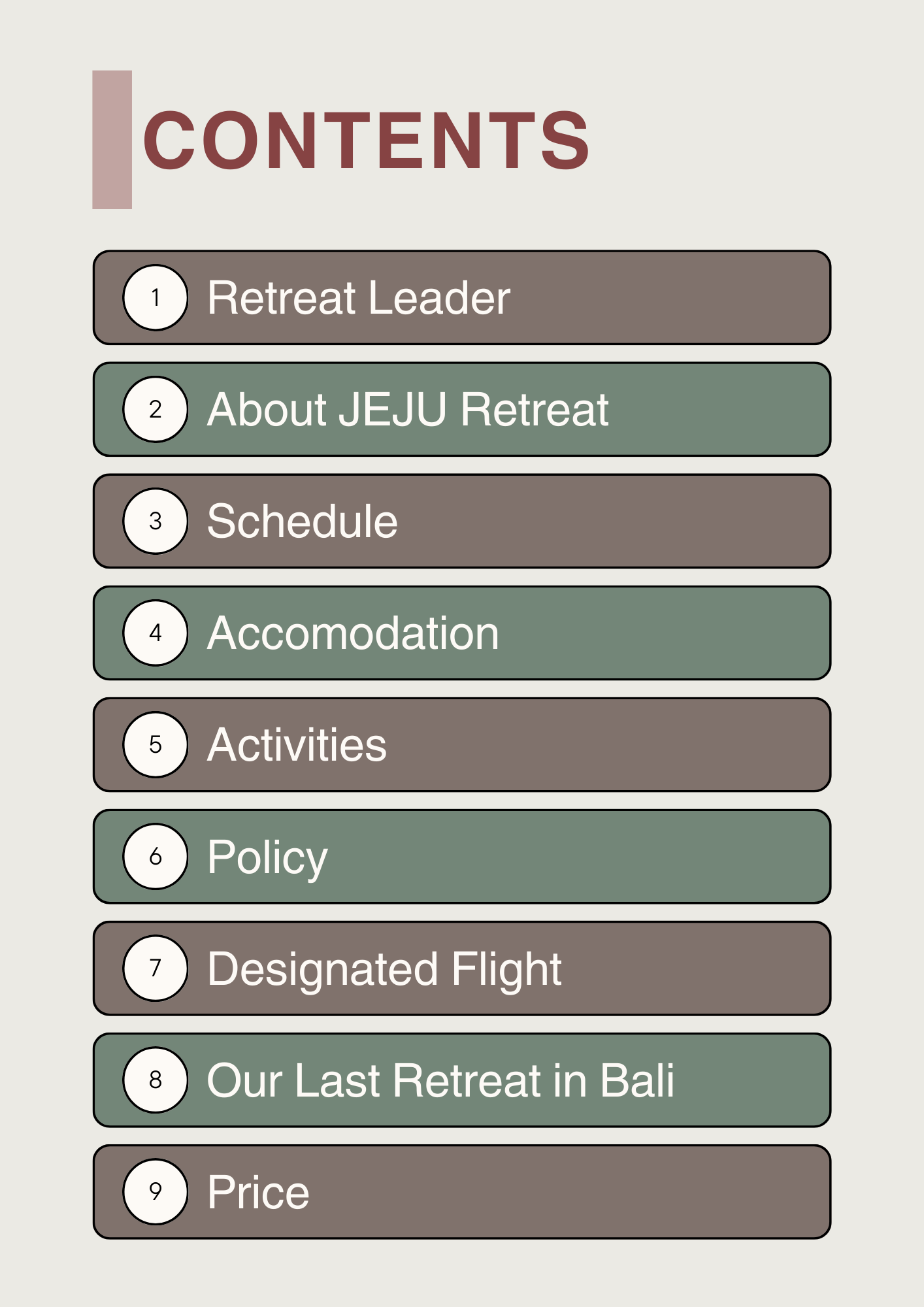 Table of contents for a retreat guide, listing sections including Retreat Leader, About JEJU Retreat, Schedule, Accomodation, Activities, Policy, Designated Flight, Our Last Retreat in Bali, and Price, with section numbers and colored backgrounds.