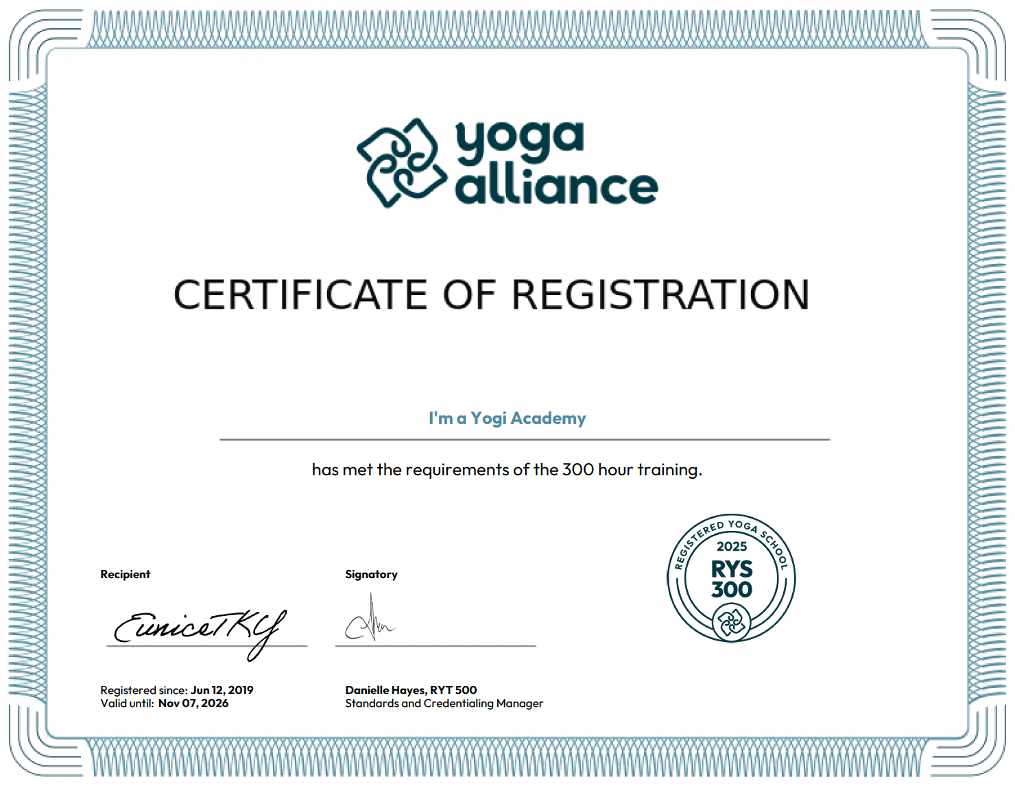 Certificate of registration from Yoga Alliance for a Yogi Academy, certifying that the recipient has completed 300 hours of yoga training, featuring the Yoga Alliance logo, signatures, and a seal indicating RYS 300 registration. 300RYT course