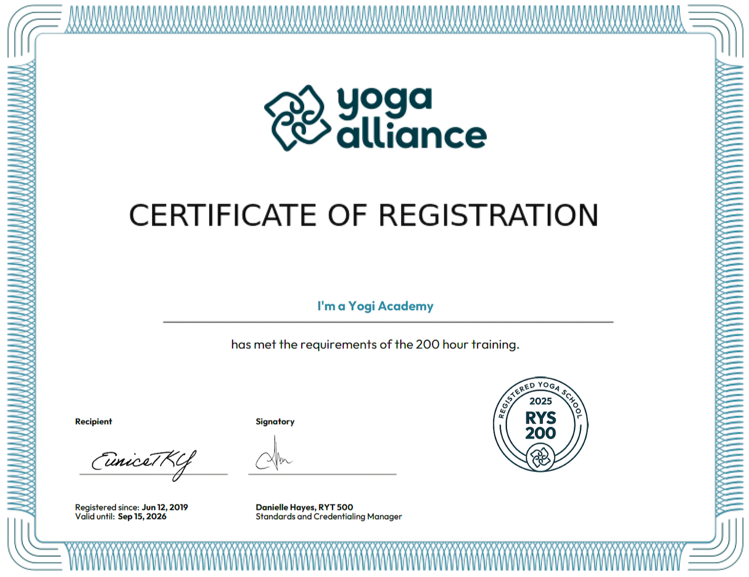 Certificate of registration from Yoga Alliance awarded to someone who completed 200 hours of yoga training, with signatures, registration details, and a logo featuring interconnected shapes. 200RYT course in Wan Chai in Hong Kong