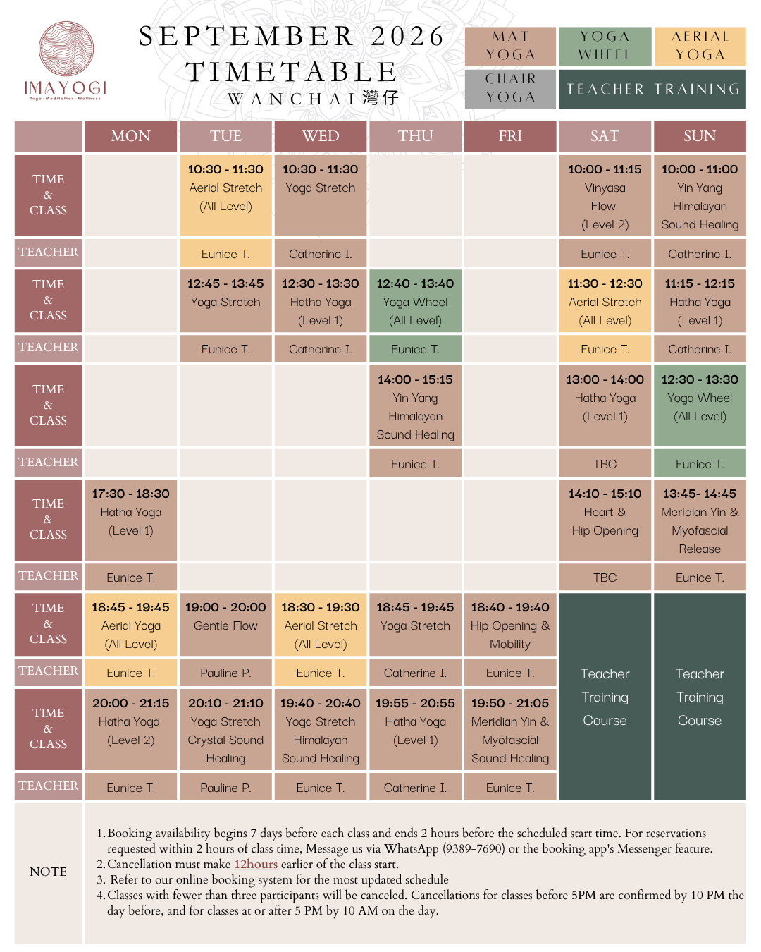 Schedule for yoga and wellness classes at Imayogi for September 2026, showing class times, instructors, and types of yoga including aerial, chair, Hatha, and Yin Yang with teacher training courses.