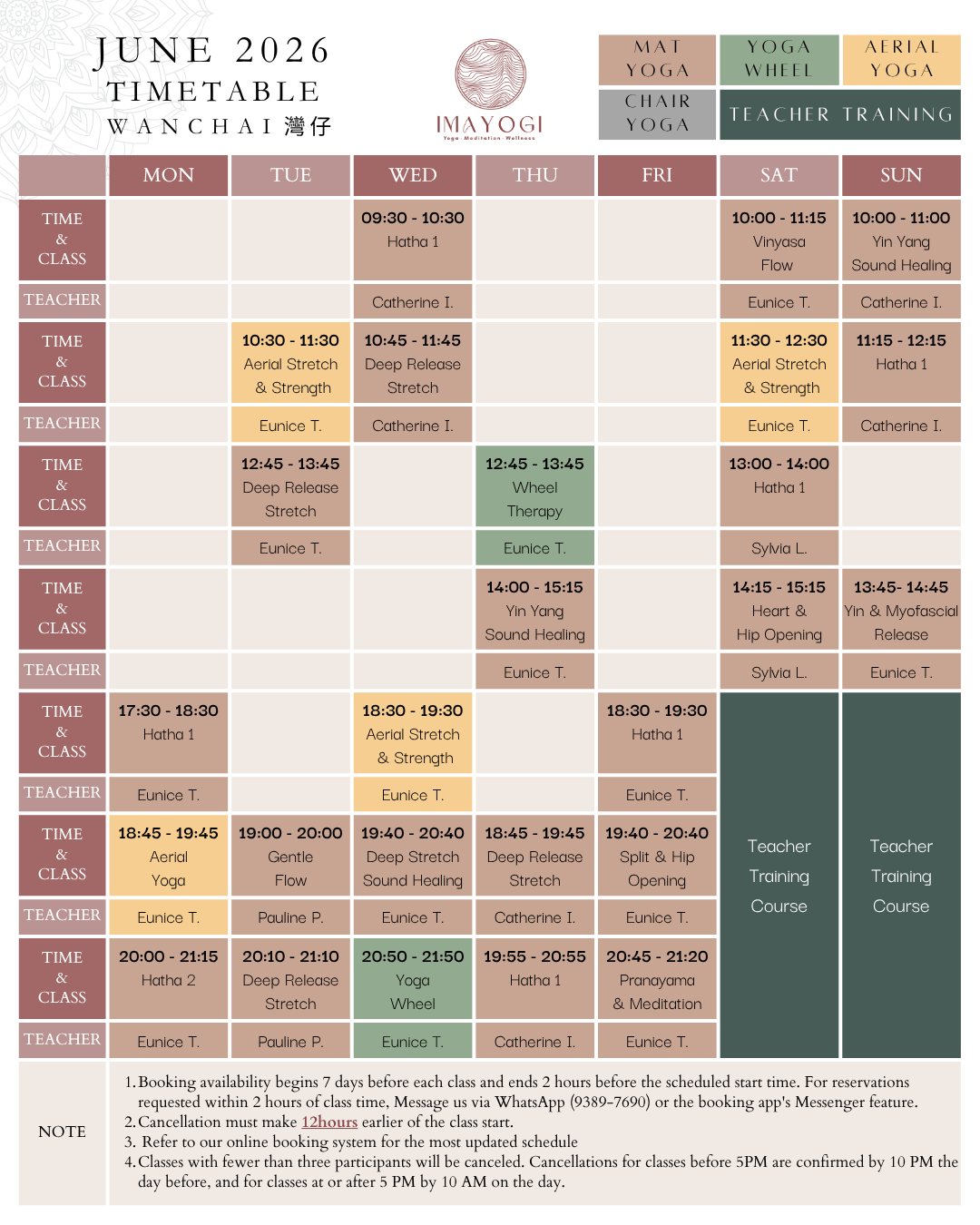 June 2026 timetable for WanChai yoga classes showing schedule for various yoga sessions, teacher training courses, and class timings from Monday to Sunday with different types of yoga classes and teachers listed.