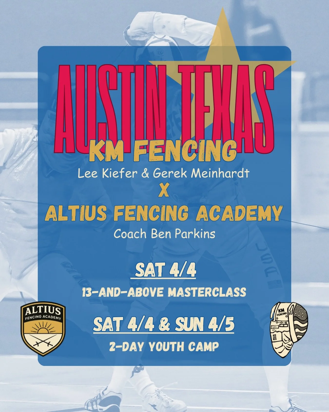 Lee and Gerek are heading to the Austin area for a masterclass and 2-day youth camp on April 4th and 5th at Coach Ben Parkins&rsquo; new club, @altiusfencing!

Sign up by February 15th to receive an early bird discount. Spots will be limited to ensur