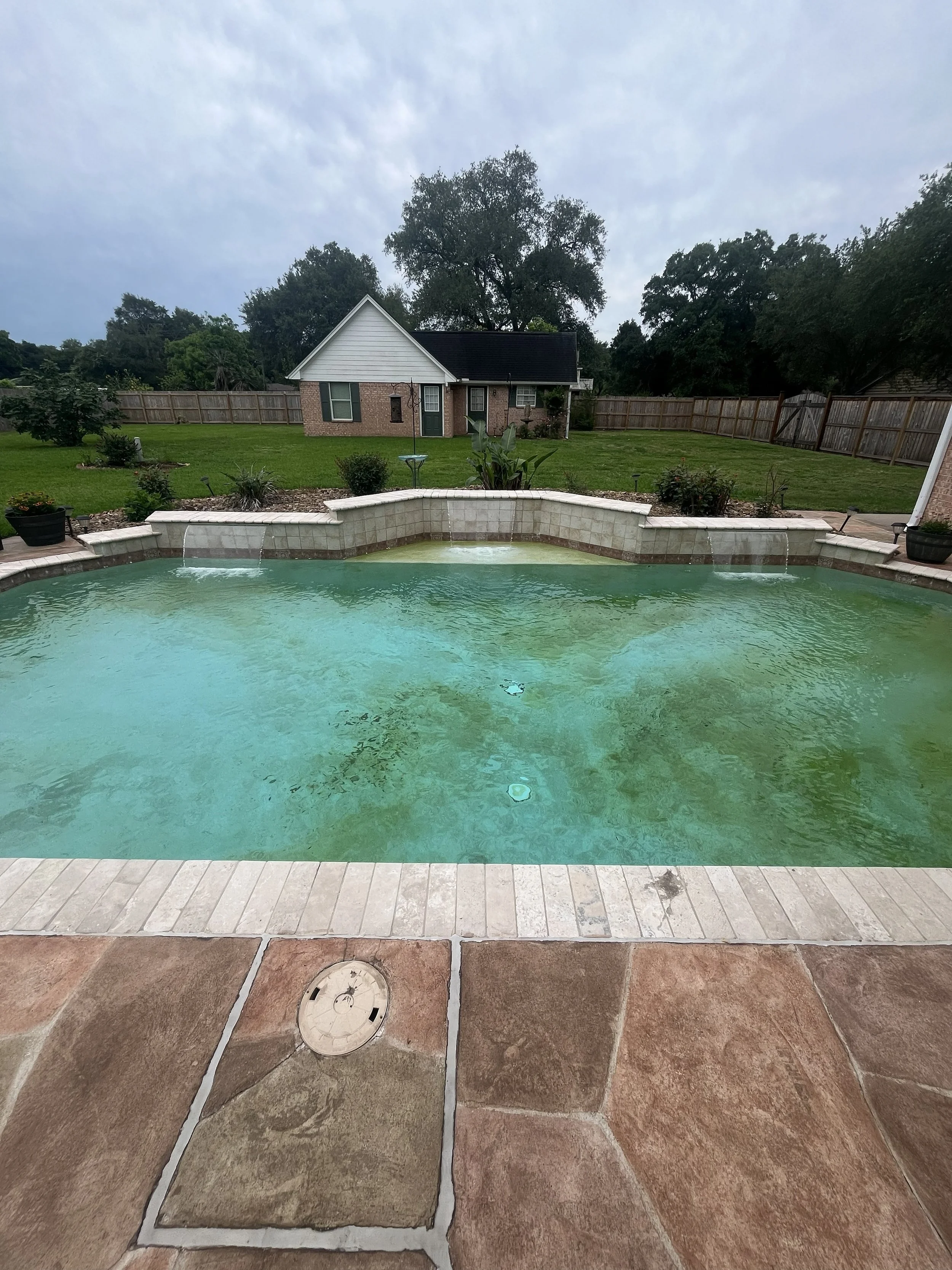 A backyard with a swimming pool in the foreground, a grassy yard, trees, a small building, a wooden fence, and cloudy sky in the background.