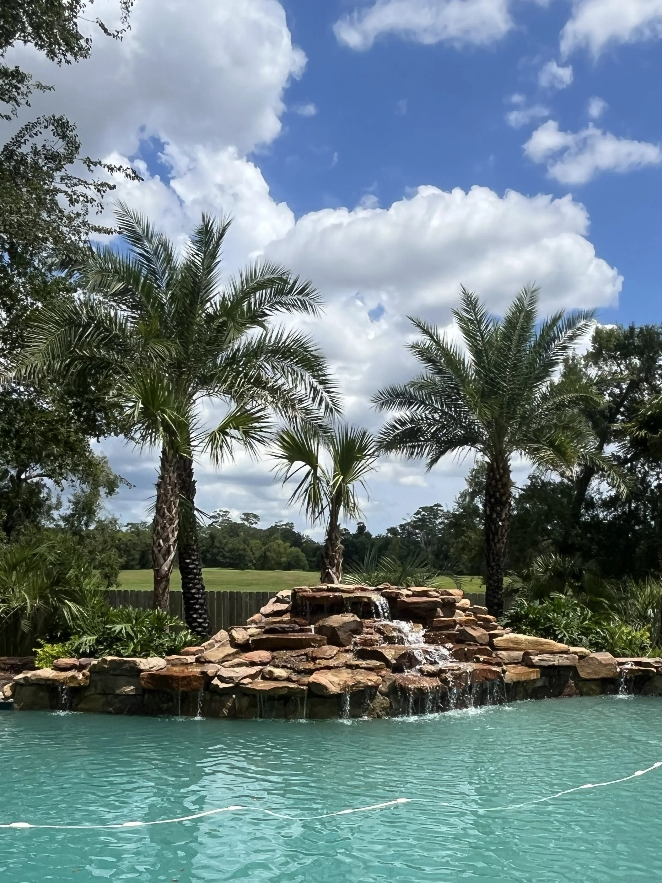 A swimming pool with a rock waterfall feature surrounded by palm trees under a partly cloudy sky.