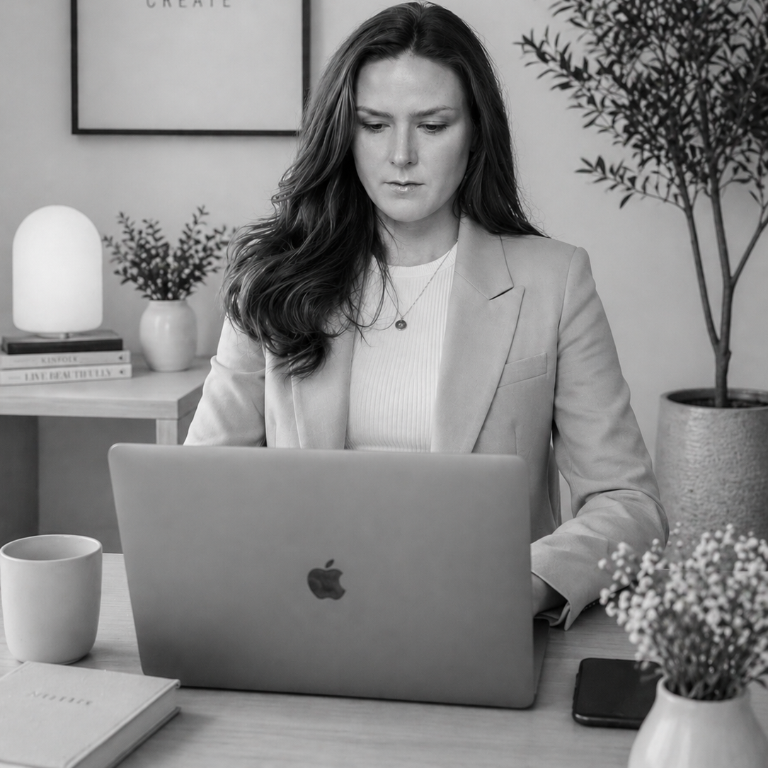 A woman with dark hair working on a laptop at a desk, surrounded by plants, a cup, a notebook, and a smartphone, in a modern, organized office.