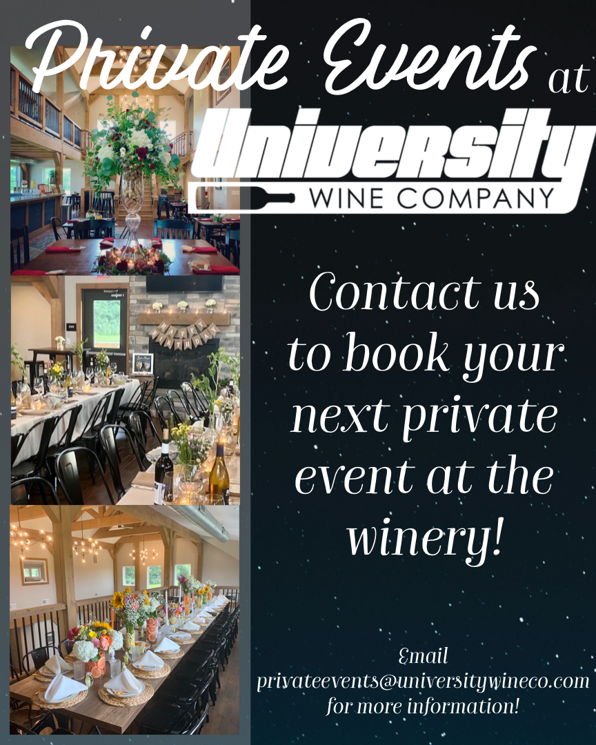 Advertisement for State College Private Events at University Wine Company with images of decorated dining spaces and contact information.