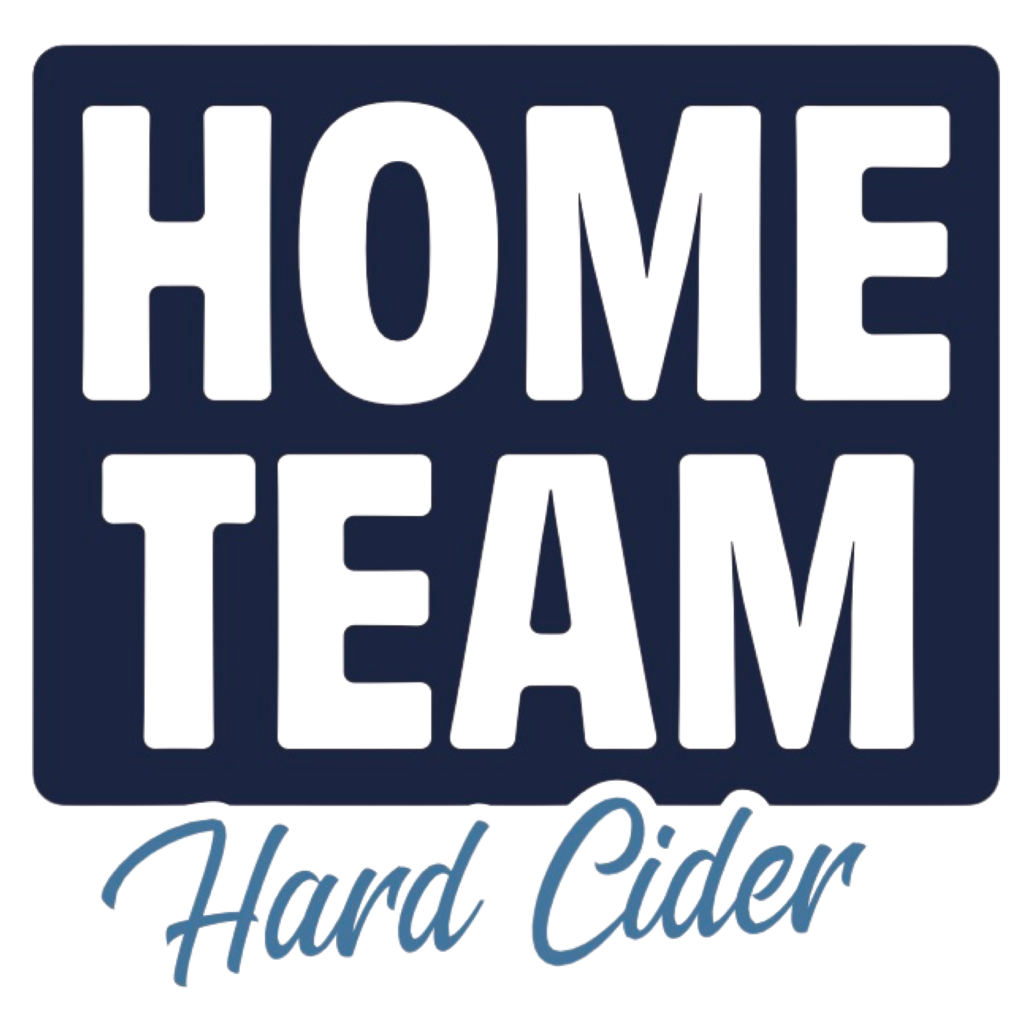 A graphic sign that reads "Home Team" in large dark blue and purple block letters and "Hard Cider" in cursive blue text underneath, on a dark background with a red right border.