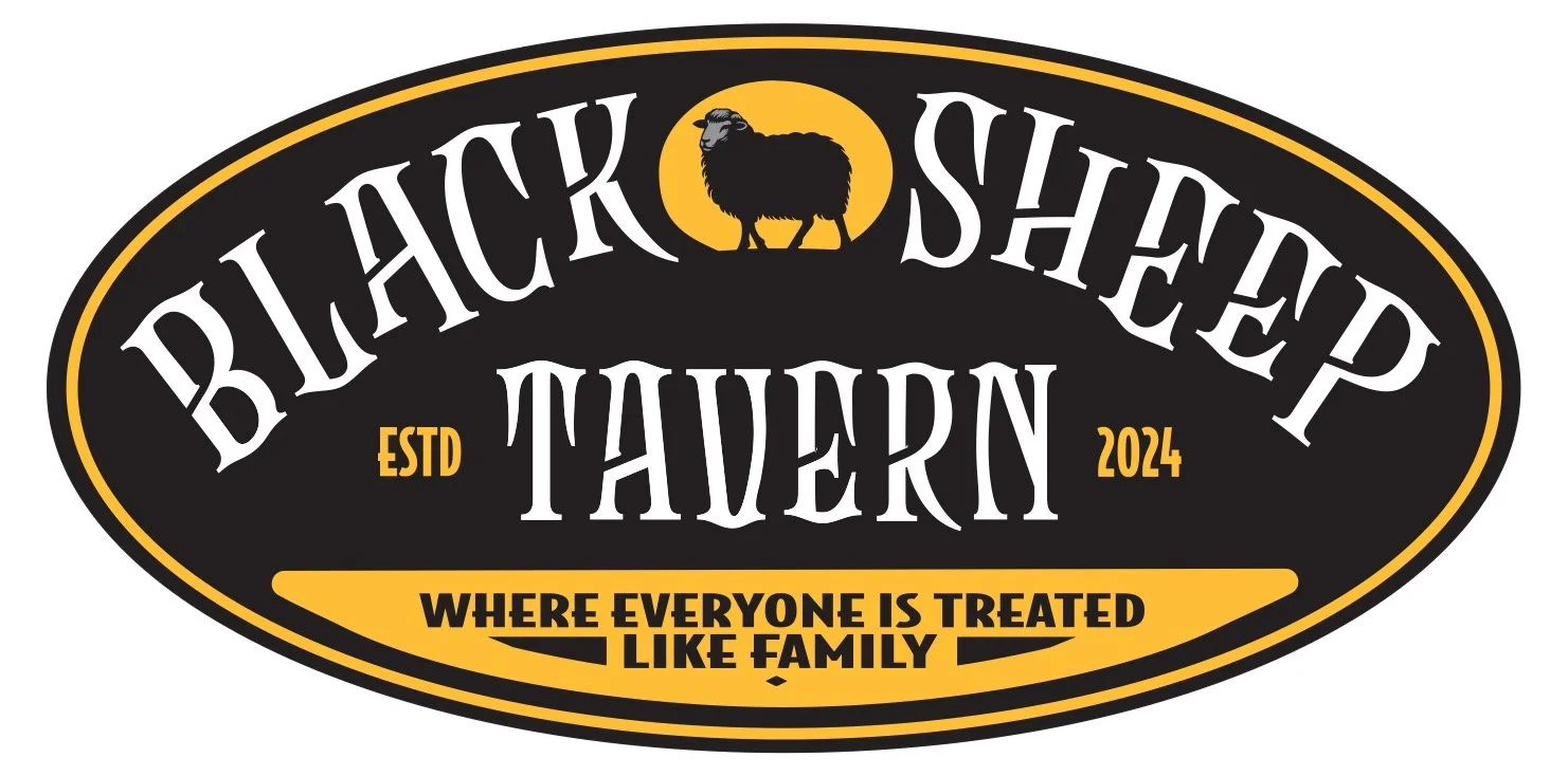 Logo for Black Sheep Tavern with black background, yellow oval outline, and text reading "Black Sheep Tavern" with a sheep silhouette in the center, ESTD 2024, and the tagline "Where everyone is treated like family".