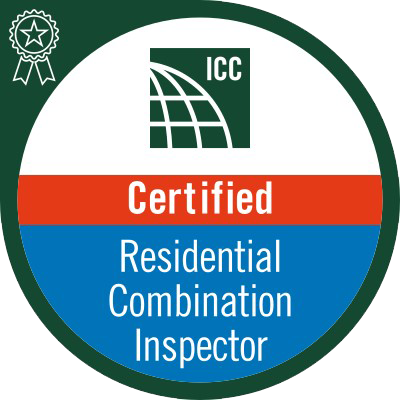 ICCC Certified Residential Combination Inspector badge with green, white, red, and blue sections.