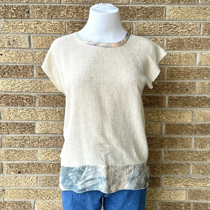 Handmade short-sleeve, cream crewneck blouse with pastel trim