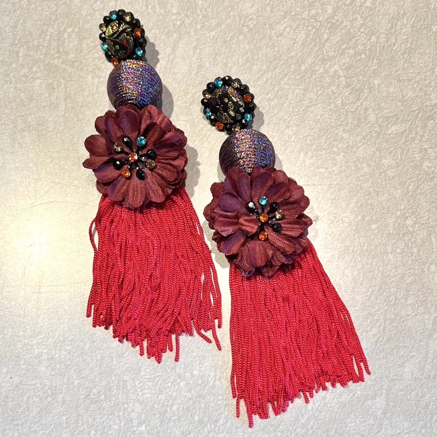 Statement red tassel post earrings with flowers