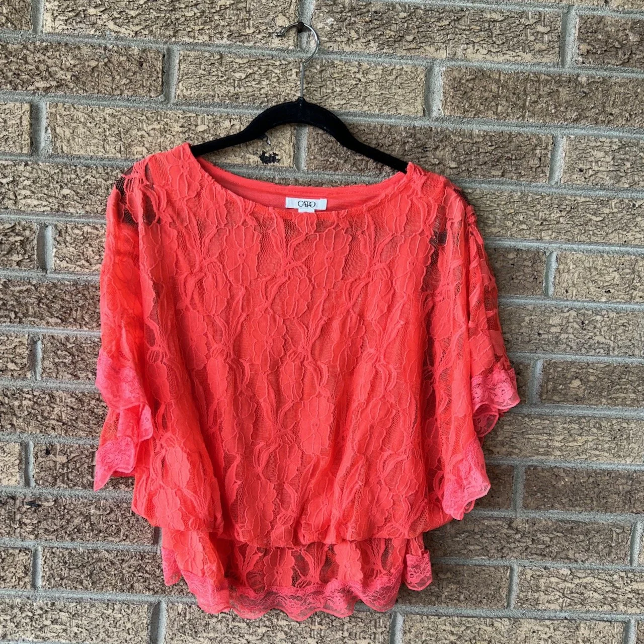Cato short sleeve top in salmon-colored lace