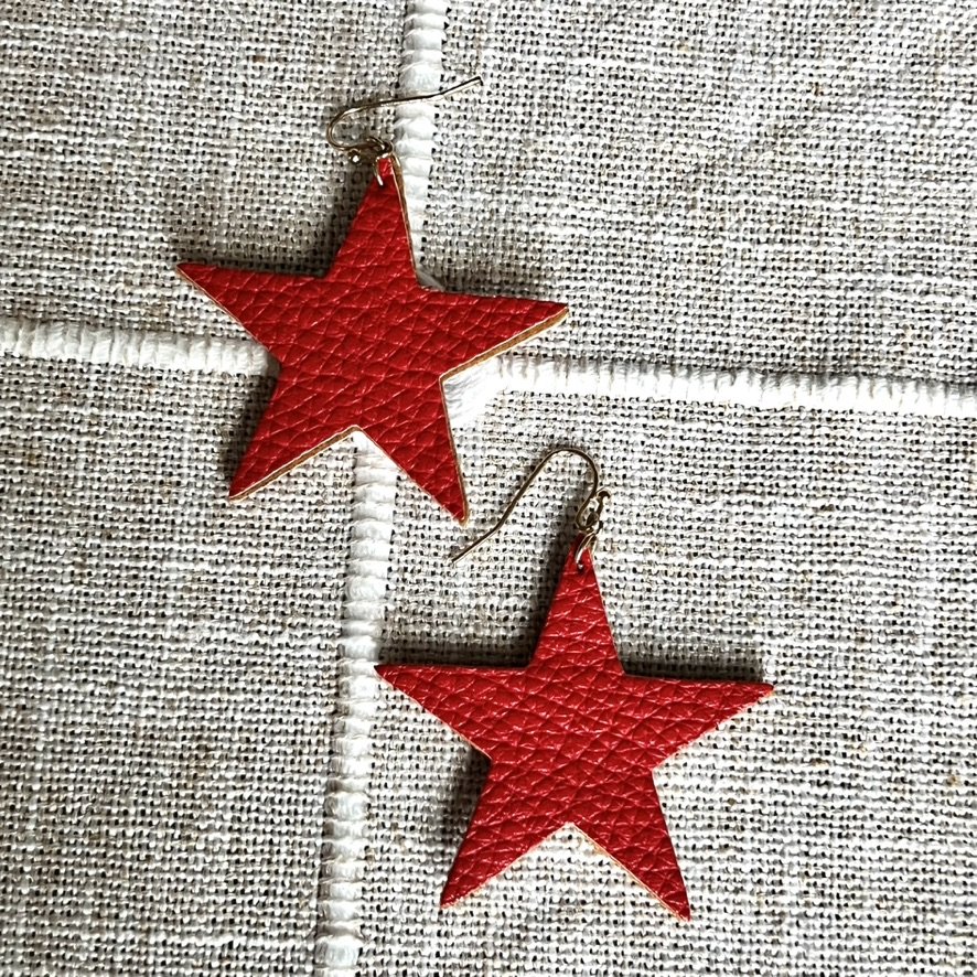 Red leather star earrings