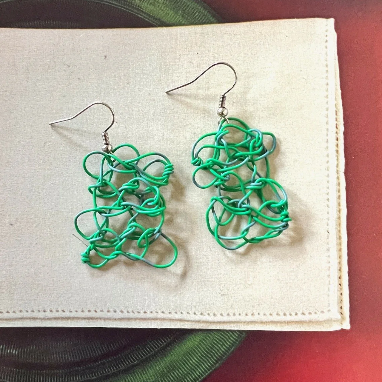 Green telephone wire upcycled earrings